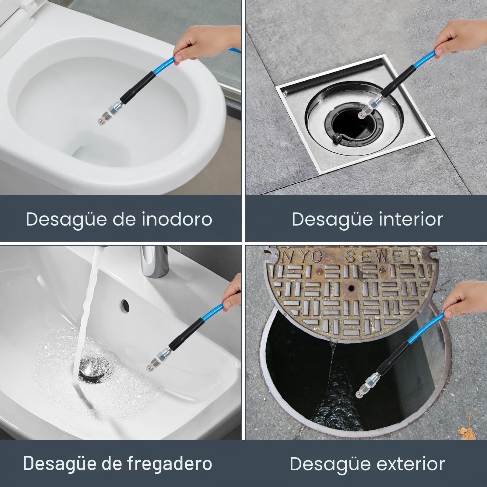 Kit de Limpieza de Tuberías de 30 m para Karcher K2-K7 y Bosch | Manguera Azul de Alta Presión de 5800 PSI con Chorro de Agua para Desatascar y Limpiar Desagües