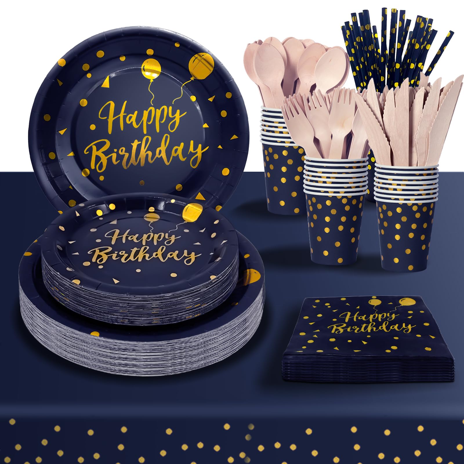 Set Vaisselle Jetable Fête Or & Bleu Foncé - Pour 24 Personnes - Assiettes, Couverts Bois, Gobelets, Nappe