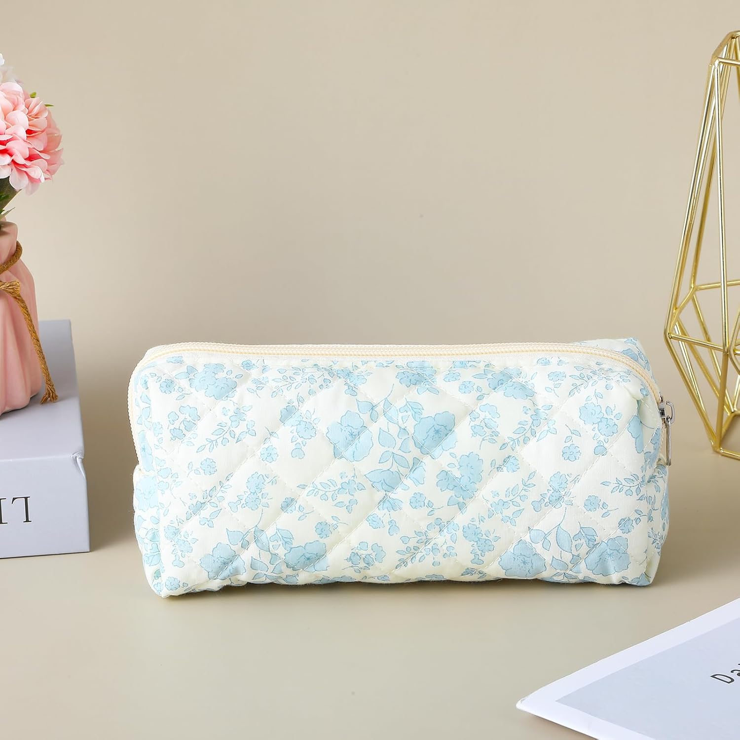 Cute Pencil Case, Aesthetic Flowers Pencil Pouch, Portable Pen Bag Wide Opening, Soft Quilted Pencil Pouch Organizer with Zipper for Office College Storage Makeup Pouch, Blue Flowers - Image 7