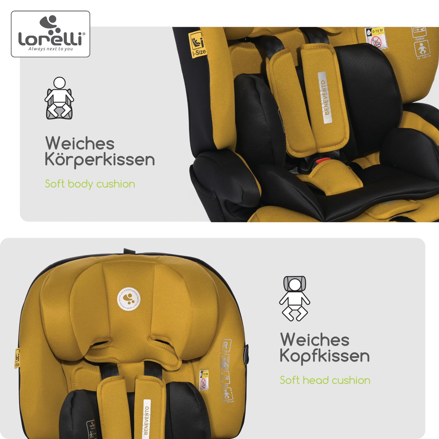 Lorelli Auto Kindersitz Benevento mit Isofix i-Size, Mitwachsender Autositz für Kinder von 76-150 cm, Babysitz, Autokindersitz, Einstellbare Kopfstütze, 5-Punkt-Sicherheitsgurt, gelb