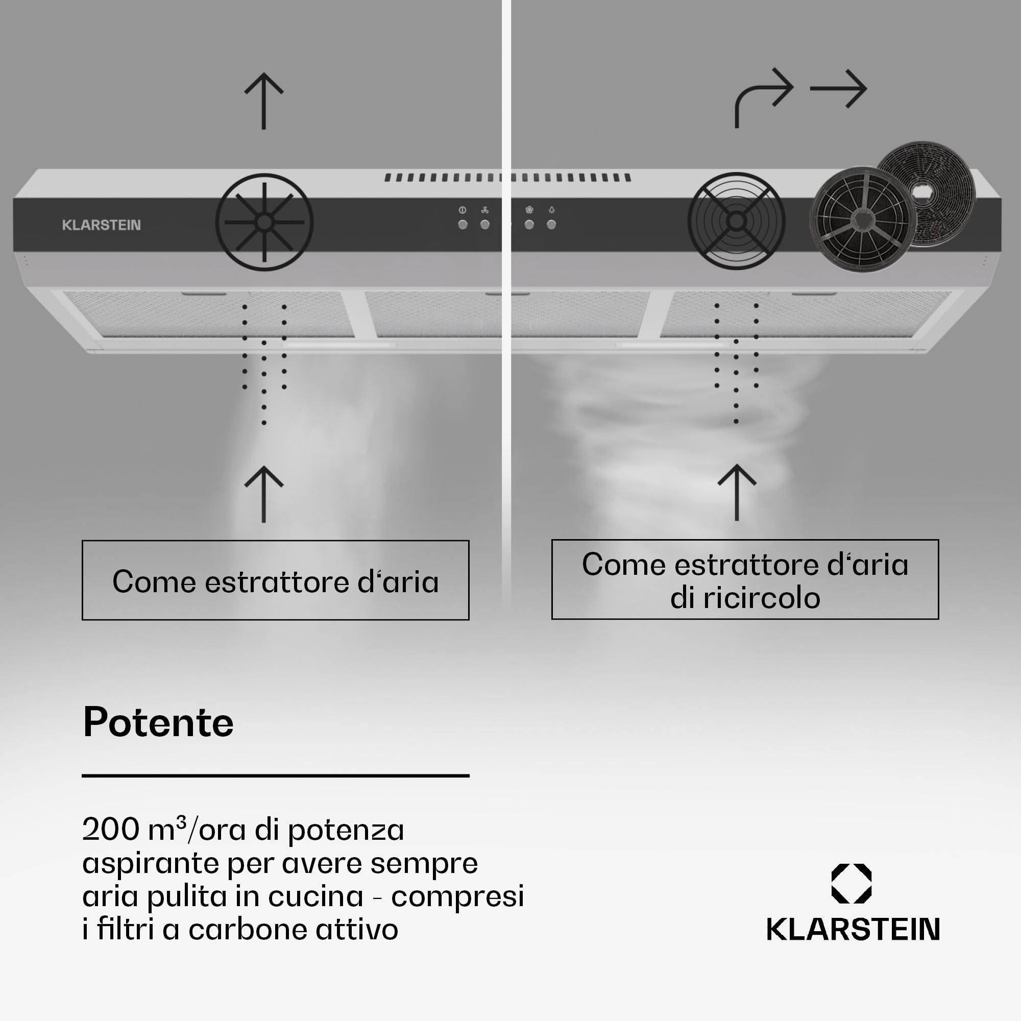Klarstein Contempo 90 Cappa Aspirante da Incasso, 90cm, 200 m³/h, LED, Filtri ai Carboni Attivi, Argento