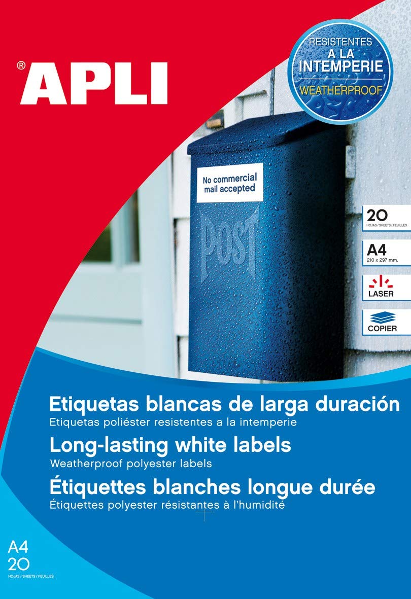 APLI ETIQUETAS PERMANENTES BLANCAS 64.6 X 33.8 MM - 100 HOJAS - RESISTENTES INTEMPERIE