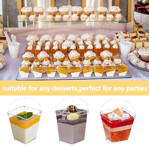 Miniatura 4 de 50 tazas de postre de 5 onzas con tapas y cucharas, tazas cuadradas de plástico para postres de parfait transparente, mini cuencos para degustación