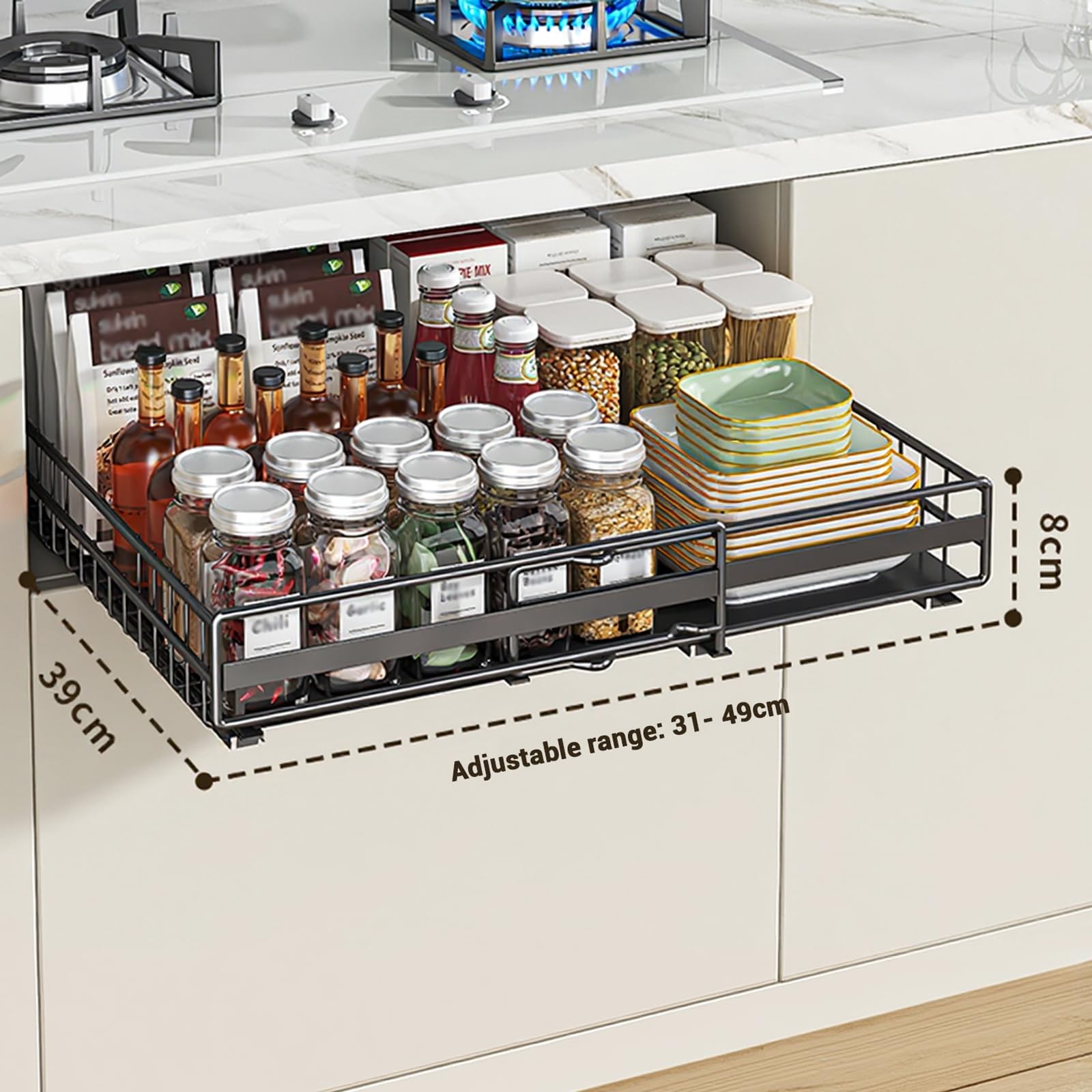 GarveeHome Estante Deslizante Extensible para Armario de Cocina - Cajón Extraíble sin Perforar - Ajustable 31-49 cm - Acero Carbono - Blanco, Altura 8 cm