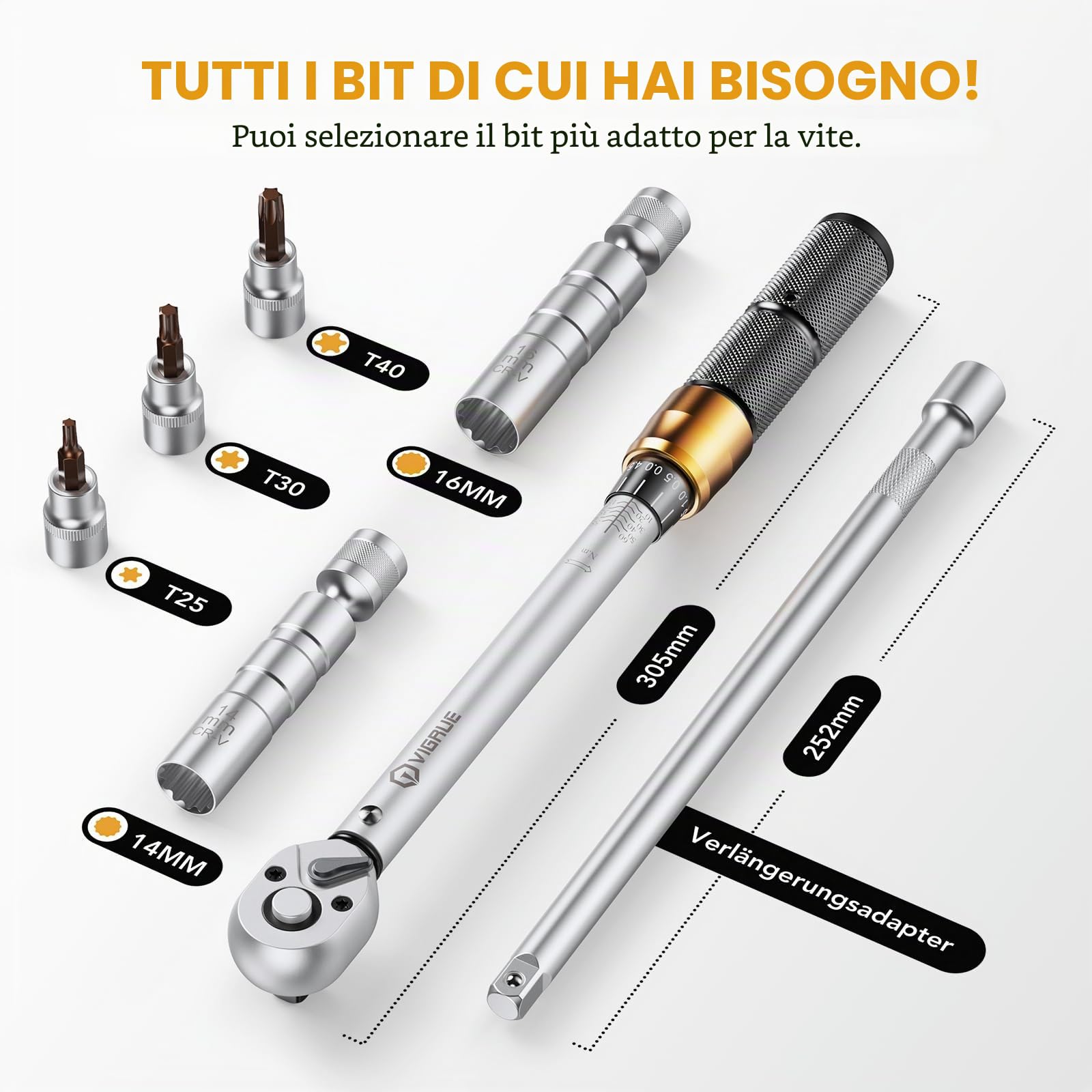 VIGRUE Chiave dinamometrica bicicletta 3/8 pollici, chiave dinamometrica 10-60 Nm ±3% di precisione di errore con asta di prolunga, giunto universale, manicotto per candela, punte per bicicletta, moto