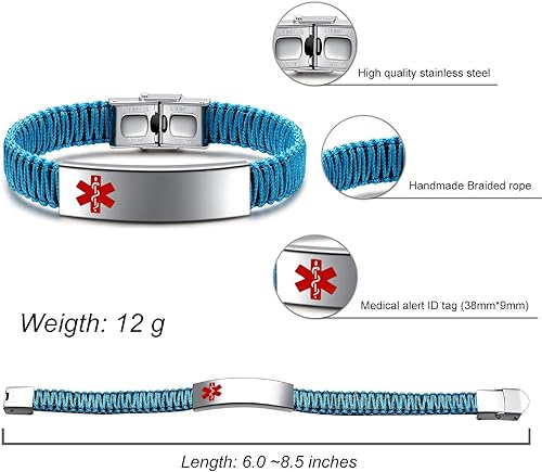 Miniatura 2 de Pulseras de identificación médica para hombres Pulseras de alerta médica Cuerda trenzada hecha a mano pulseras médicas de nailon para mujeres,