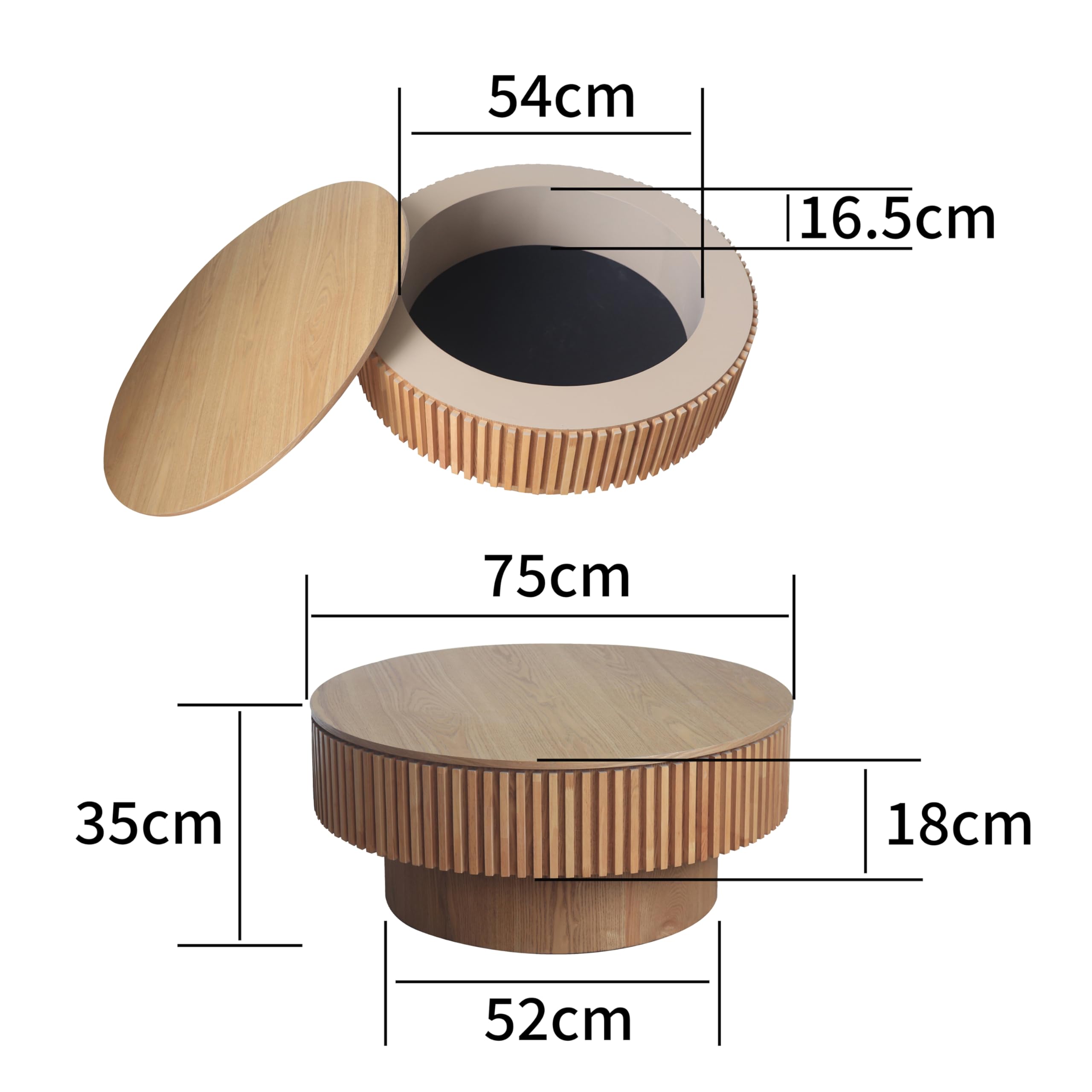 Tavolino rotondo, 75 cm di profondità x 75 cm di larghezza x 35 cm di altezza | Tavolino da salotto moderno, tavolino da salotto e vano portaoggetti, tavolino da divano impiallacciato in legno massello