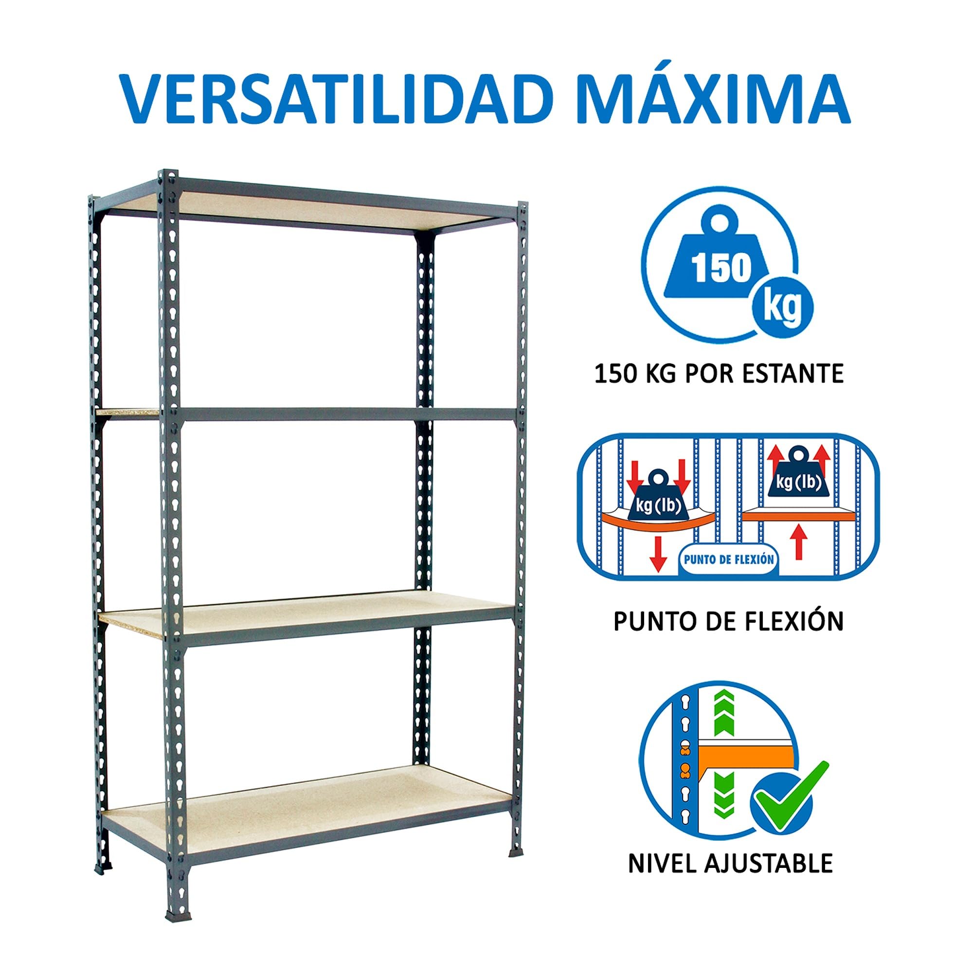 Simon Rack Regał metalowy z półkami z płyty MDF 1500x800x500 mm, 4 półek, nośność 150 kg na półkę, regał magazynowy i garażowy, stabilna konstrukcja, kolor Szary/Drewno – Simon Classic
