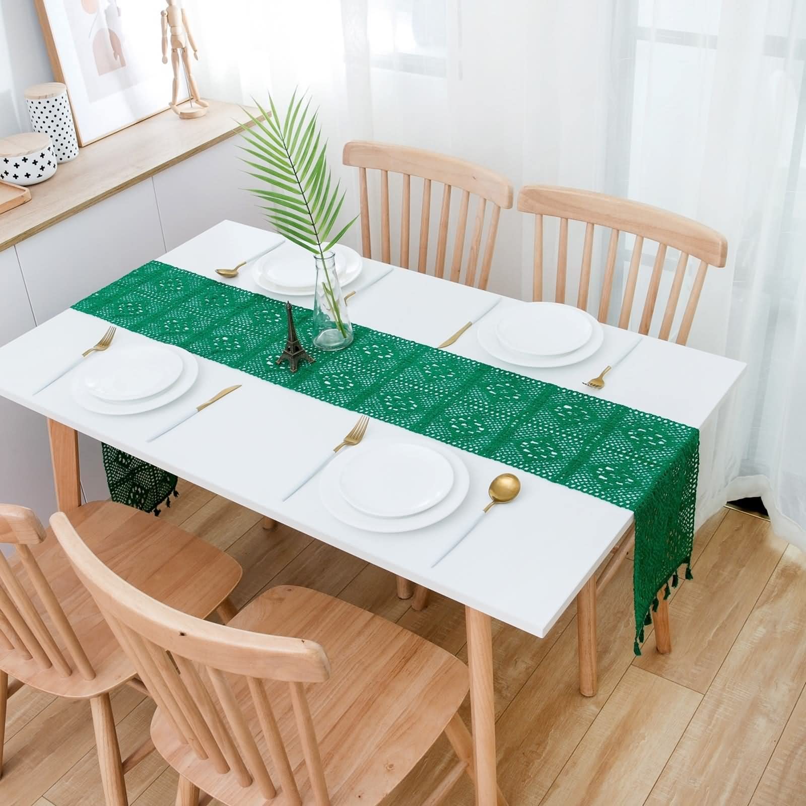 Camino de Mesa Grande, Centros Decorativos de Mesa Salon Flores de Encaje Ahuecadas Verde Sabana de Algodon 24x350CM