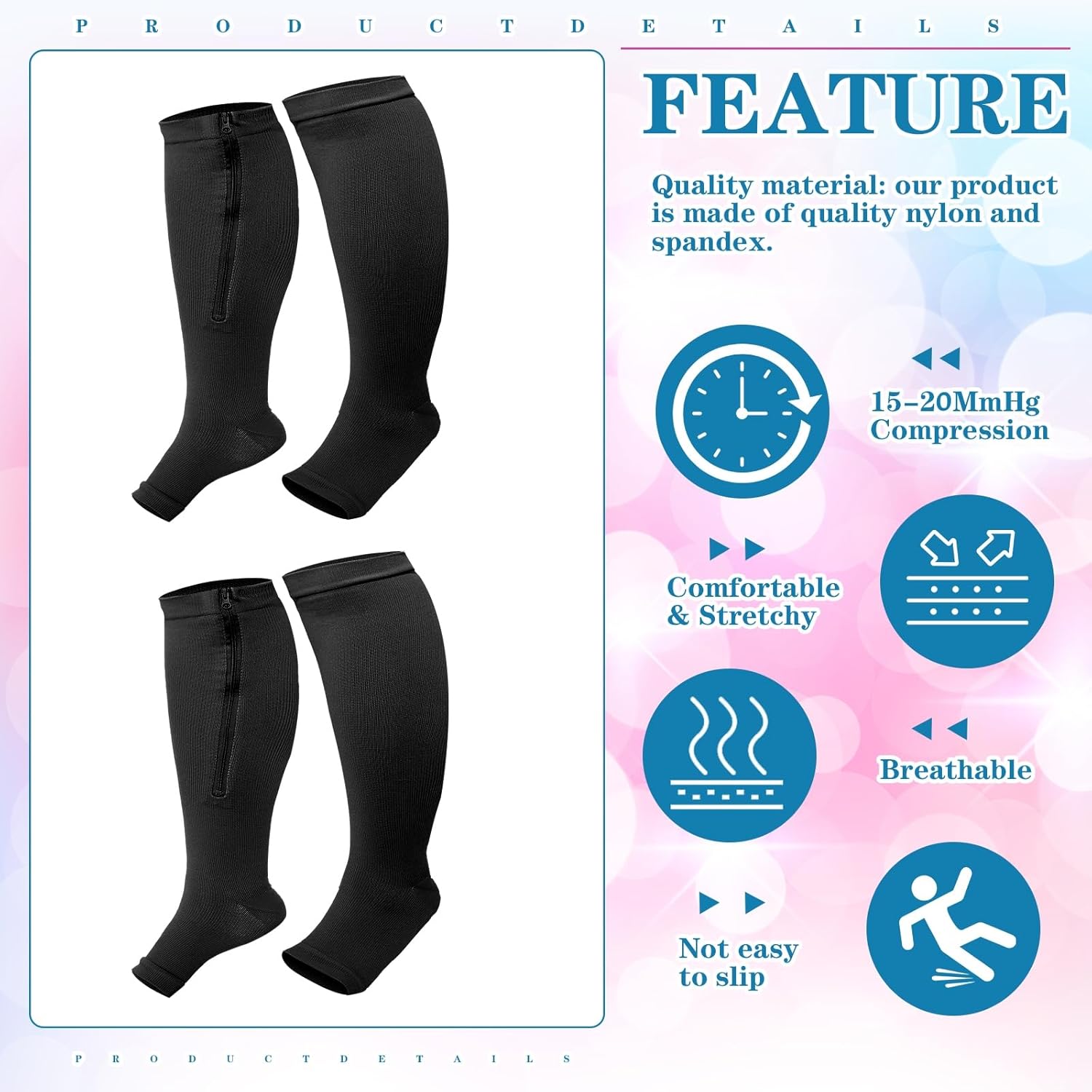 Hillban 2 Pair Plus Size Calf Zipper Compression Socks 15 to 20 Mmhg Open Toe Compression Stockings for Overweight Women Men - Image 4
