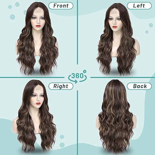 Miniatura 5 de YESEGO Peluca con reflejos marrones para mujer, peluca sintética de encaje frontal de 26 pulgadas, parte media, peluca ondulada de fibra resistente