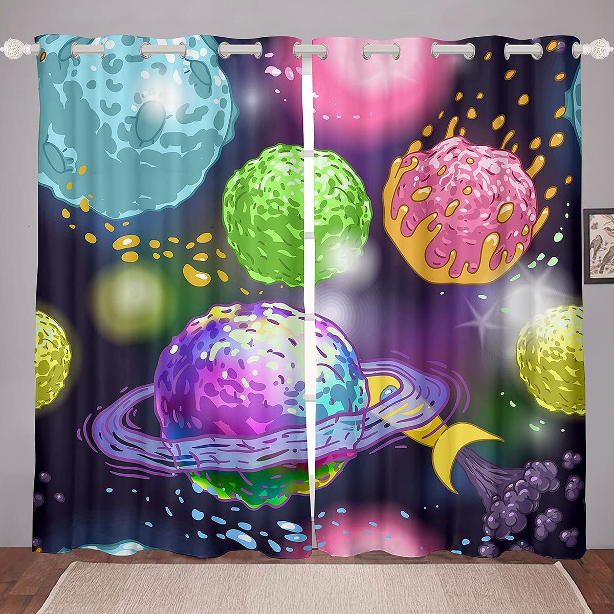 Tenda Oscurante Galaxy 140x260cm Per Soggiorno E Camera Da Letto - Spazio, Terra, Universo - 2 Pannelli Con Ganci - Blocco Termico E Isolamento Acustico