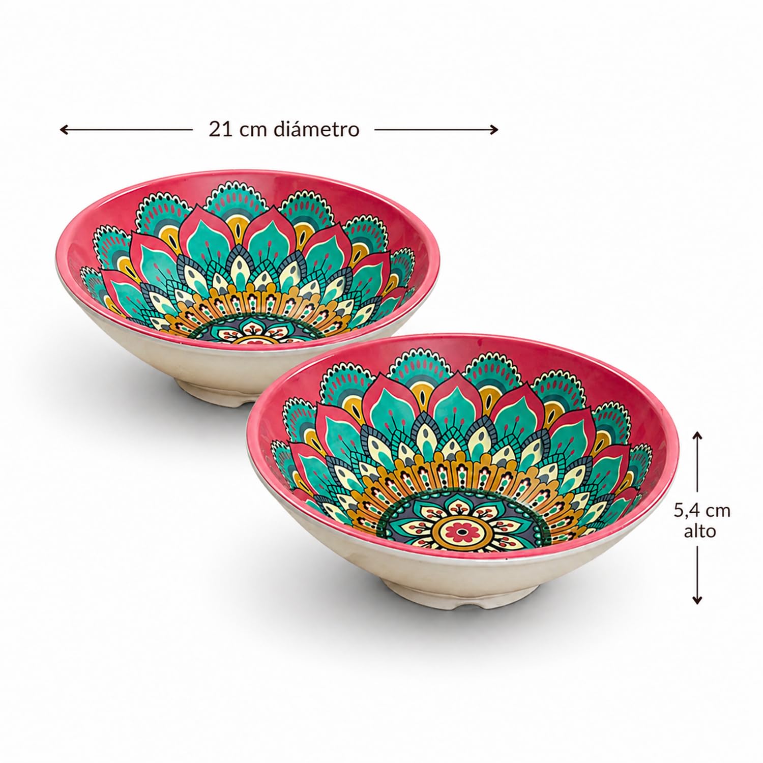Set 2 Bowls Melamina 21 x 5,4 cm Uso Alimentario, Recipientes para Ensaladas, Snacks y Cereales, Livianos y Resistentes, Ideal Cocina Hogar
