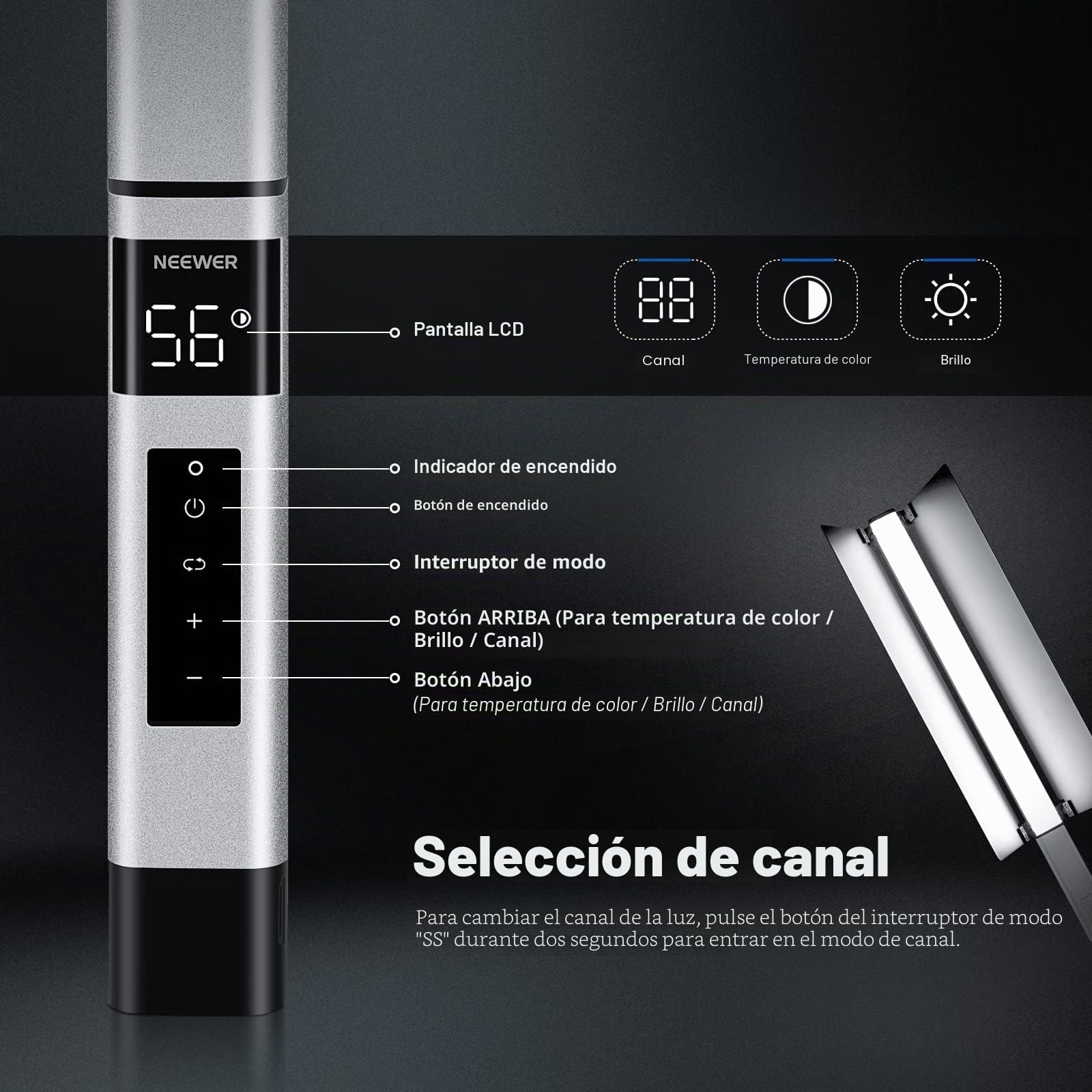 NEEWER CL124 Pro Barra de Luz LED Video, Palo Iluminación Bicolor Fotografía con Batería Mejorada de 7,4V 3200mAh Metal Puerta de Granero 2,4G Pantalla LCD Remota, 1500Lux CRI97+ Regulable 3200K-5600K