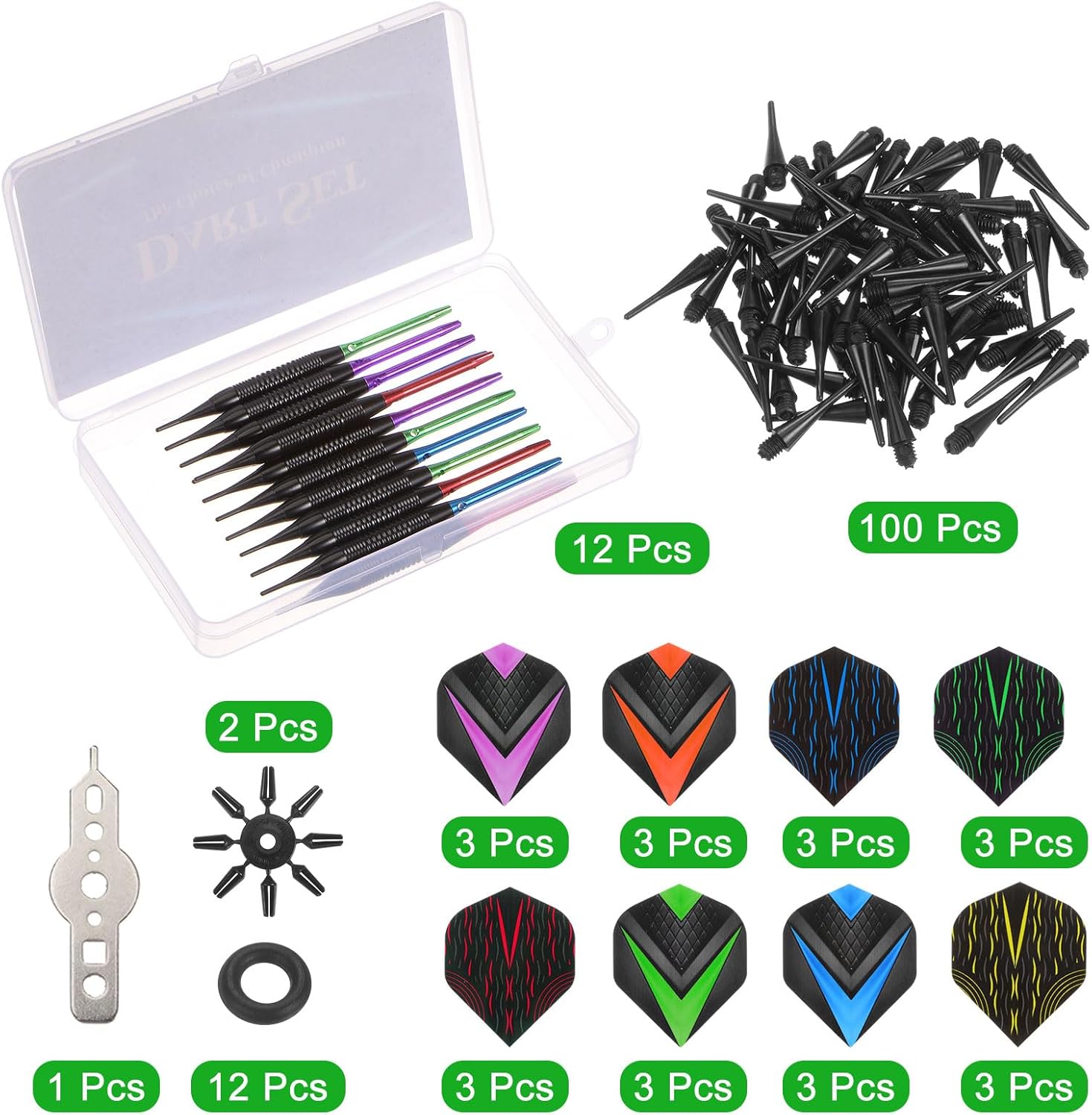 PATIKIL Darts Plastic Tip - 12 Pcs 18 Gram Soft Tip Darts Set 100 Extra Dart Tips 24 Dart Flights Wrench & Flight Protectors with Dart Case for Electronic Dartboard