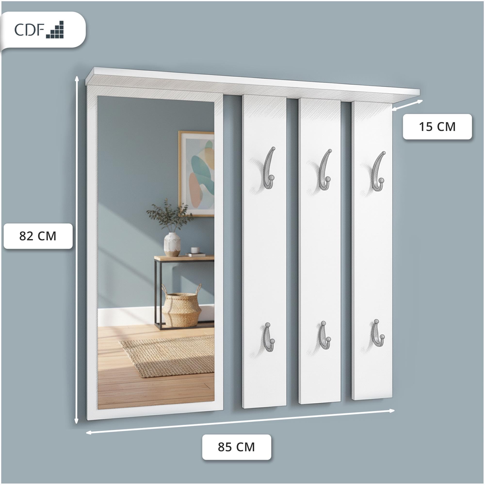 CDF Kleiderständer Opal | Farbe: Eiche Sonoma | Platz für Kleidungen, Mäntel, Jacken | Ideal für EIN Vorzimmer, Flur, Arbeitszimmer, Büro | 6 Haken | Einlageböden | großer Spiegel