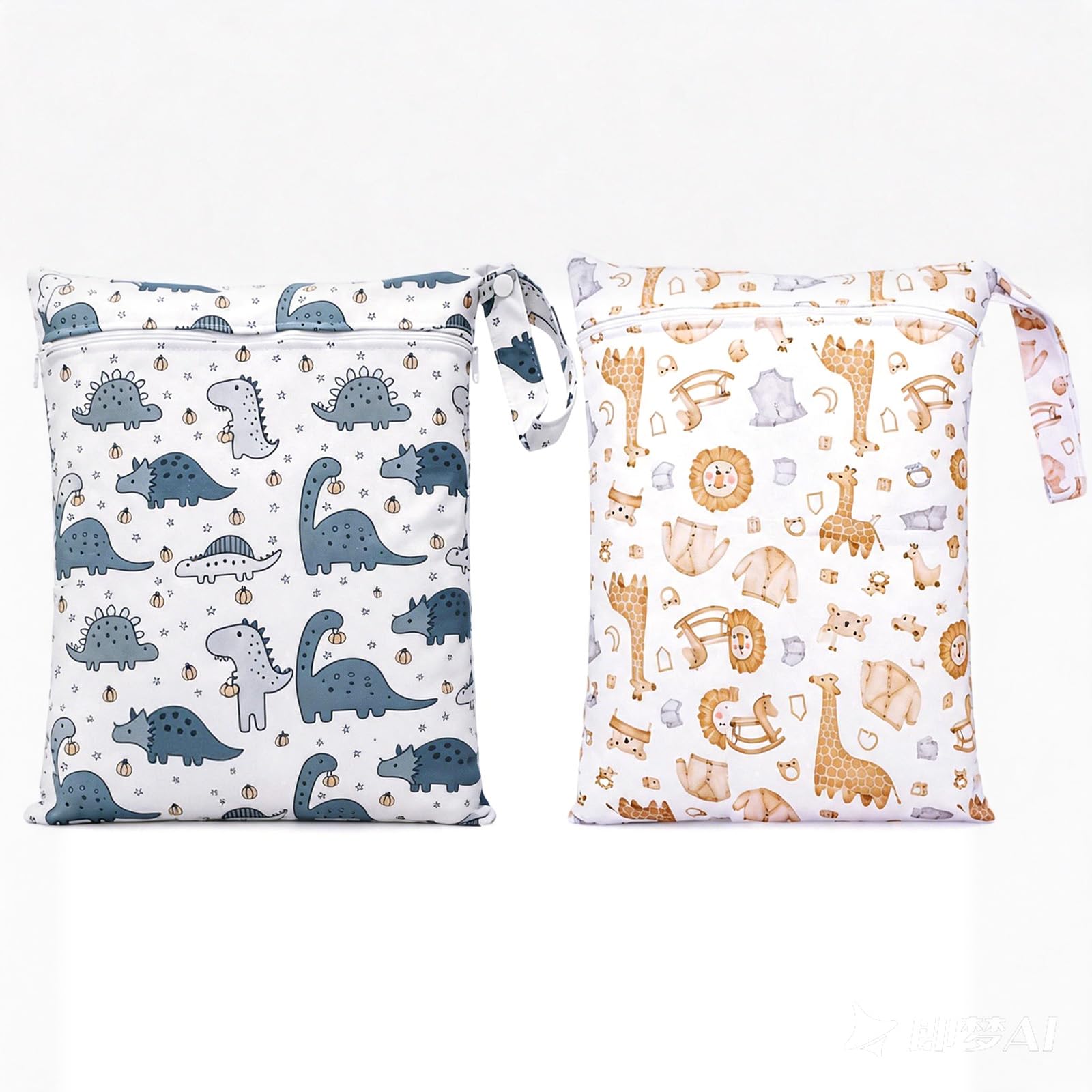 2Pcs Dinosaurs Animals Wet Bag, Nappy Bag Organiser with Handle & Zipper, Reusable Nappy Wet Dry Pouch, Lightweight Wet Bags for Swimming, Camping and Traveling