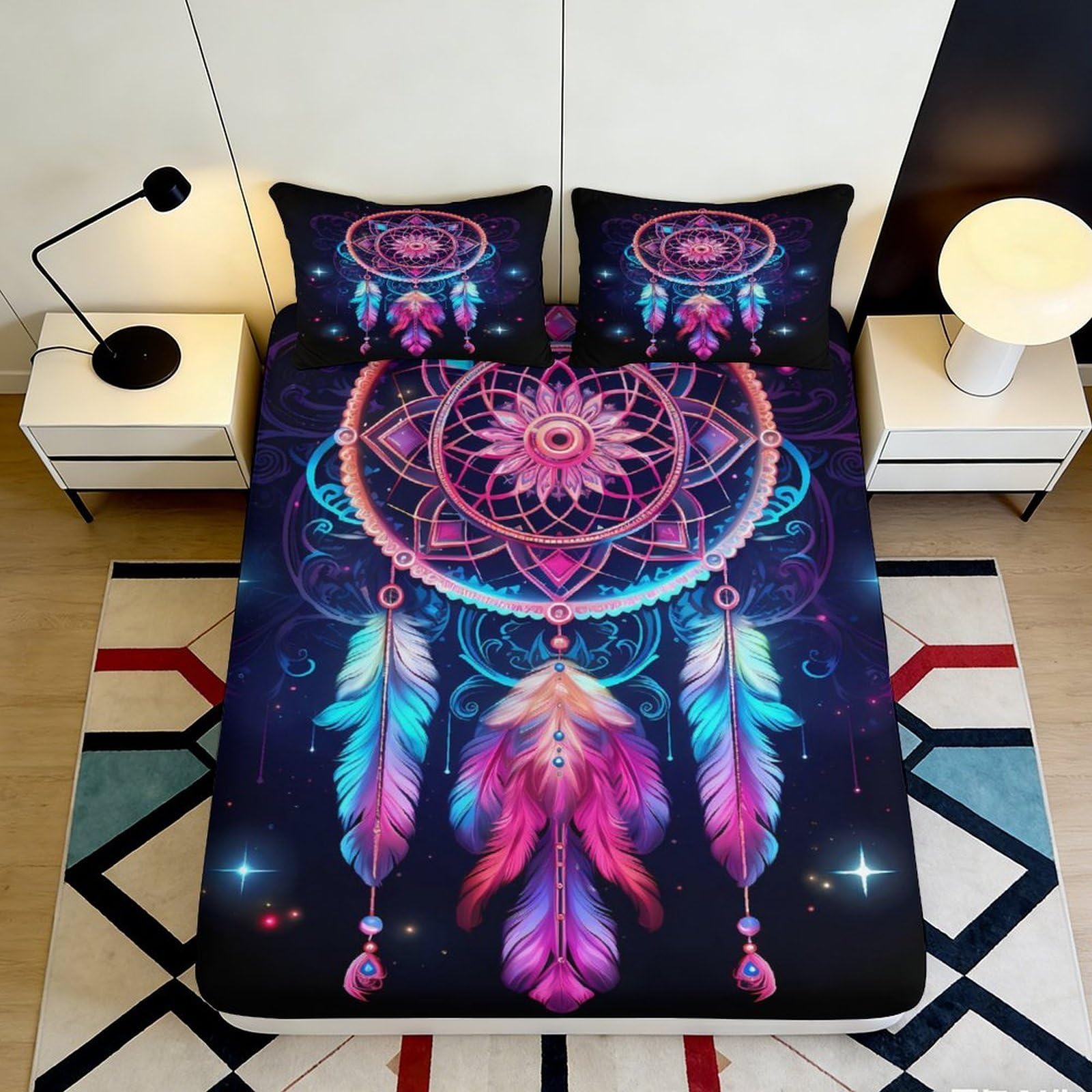 3D Printed Dreamcatcher Fitted Sheet Microfiber Soft Breathable Vibrant Feather Bed Cover for Bedroom Dormitory Guest Room Mattress Protection 180x200x25cm