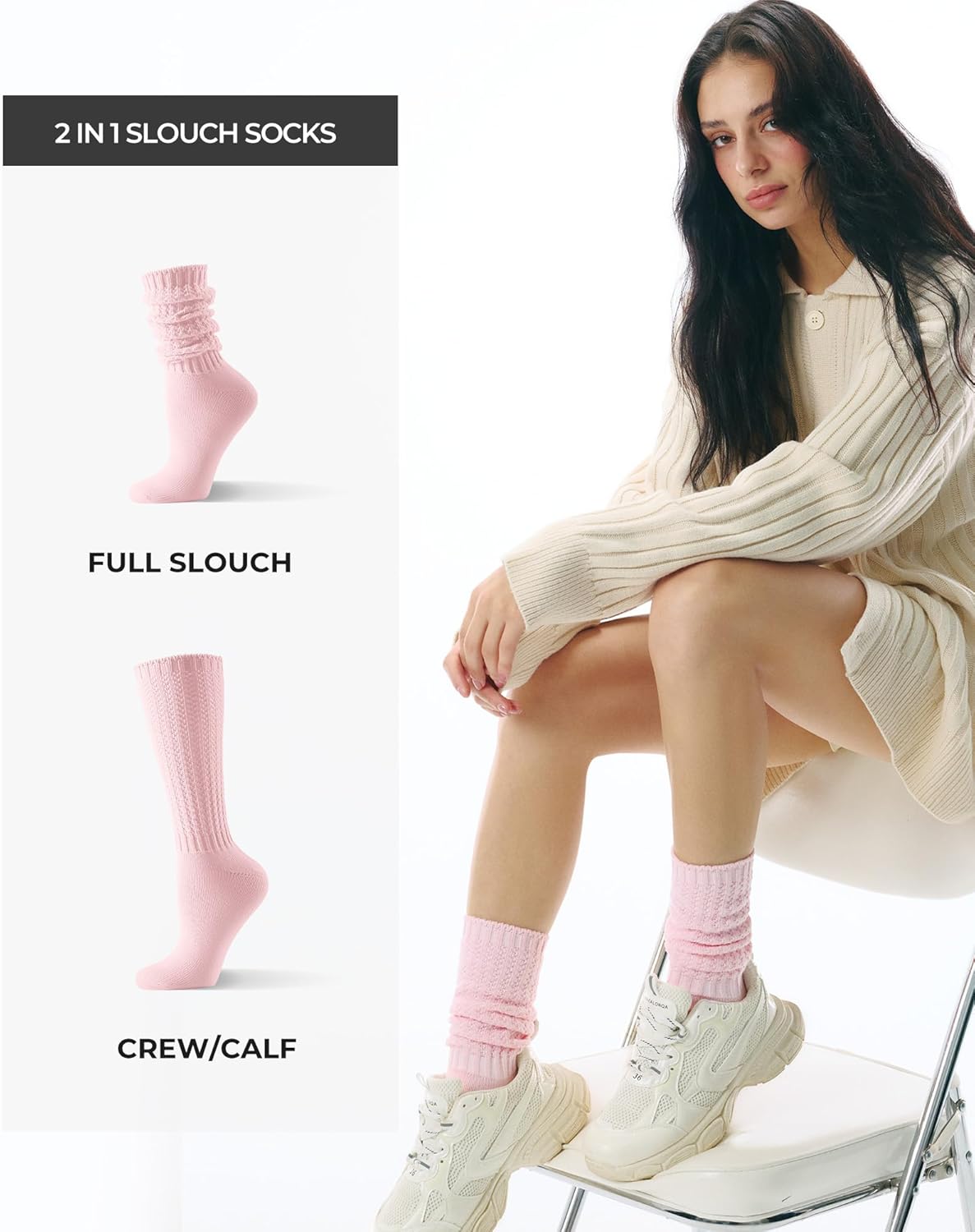 CS CELERSPORT Women's Slouch Crew Socks Scrunch Knit Cotton Calf Tube Socks 3 Pairs - Image 3