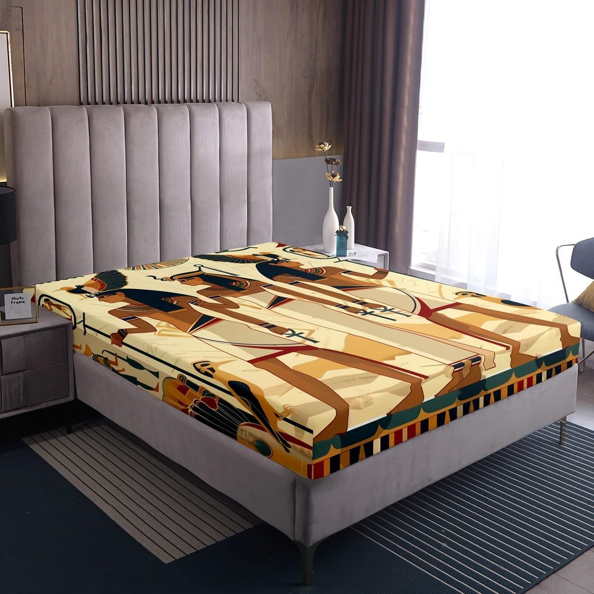 Vintage Egypt Print Full Fitted Sheet,Egyptian Civilization Bed Sheets Ancient Egypt Tribal Style Sheets Print Bed Set for Bedroom Decor