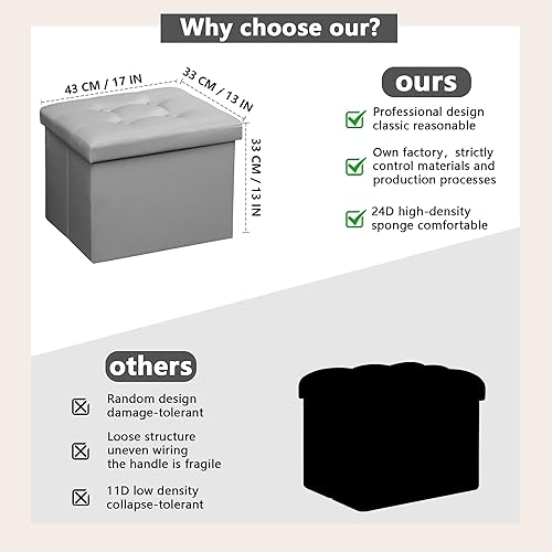 Miniatura 3 de AmasSmile Taburete otomano de almacenamiento, reposapiés plegable de cuero de 17 pulgadas, taburete otomano corto gris, almacenamiento reposapiés,