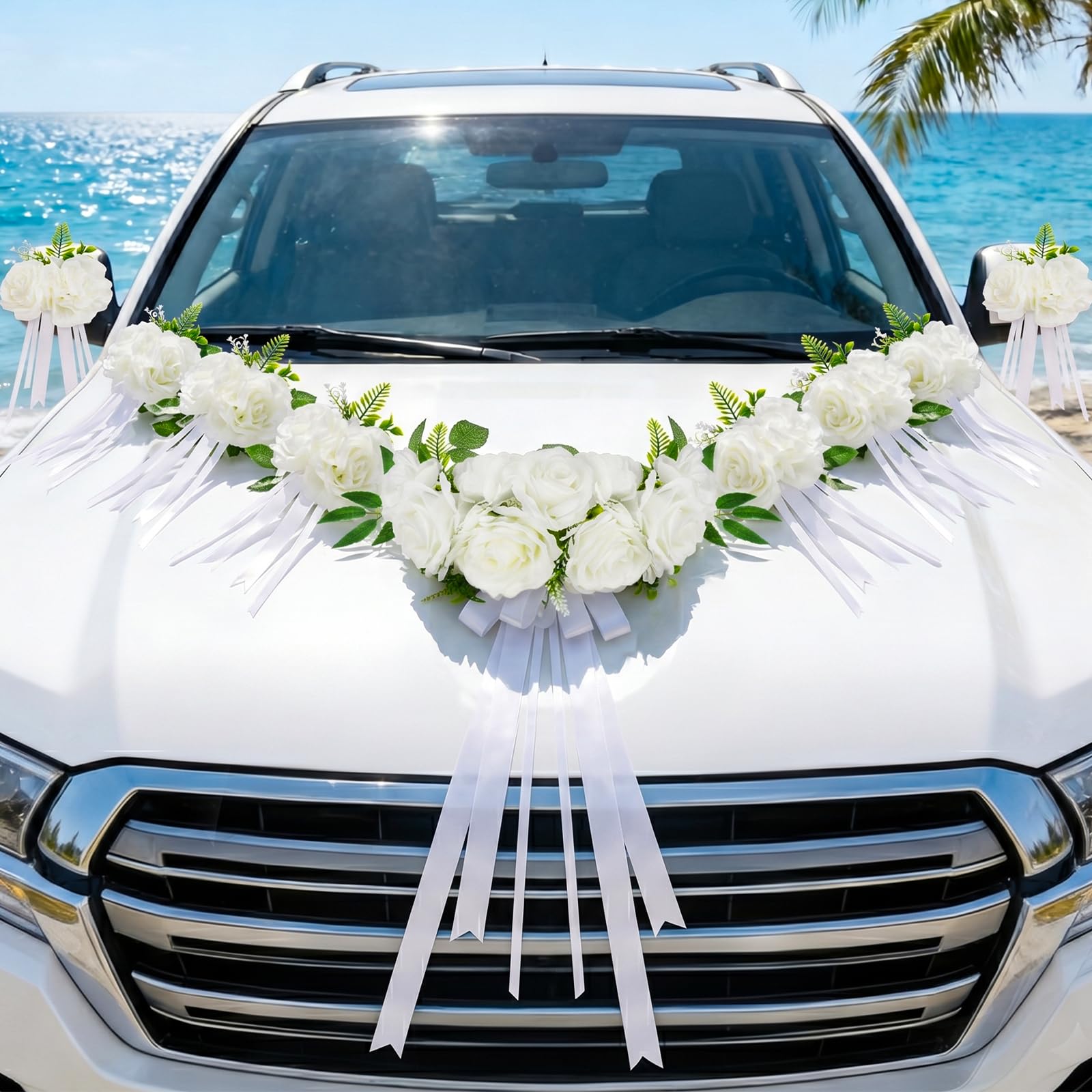 Alaoo Wedding Car Decoration Kit, White Rose Car Artificial Floral Bouquet with Large Rose Head, White Just Married Party Decorations for Valentines Day, Wedding, Surprise Party — image 1