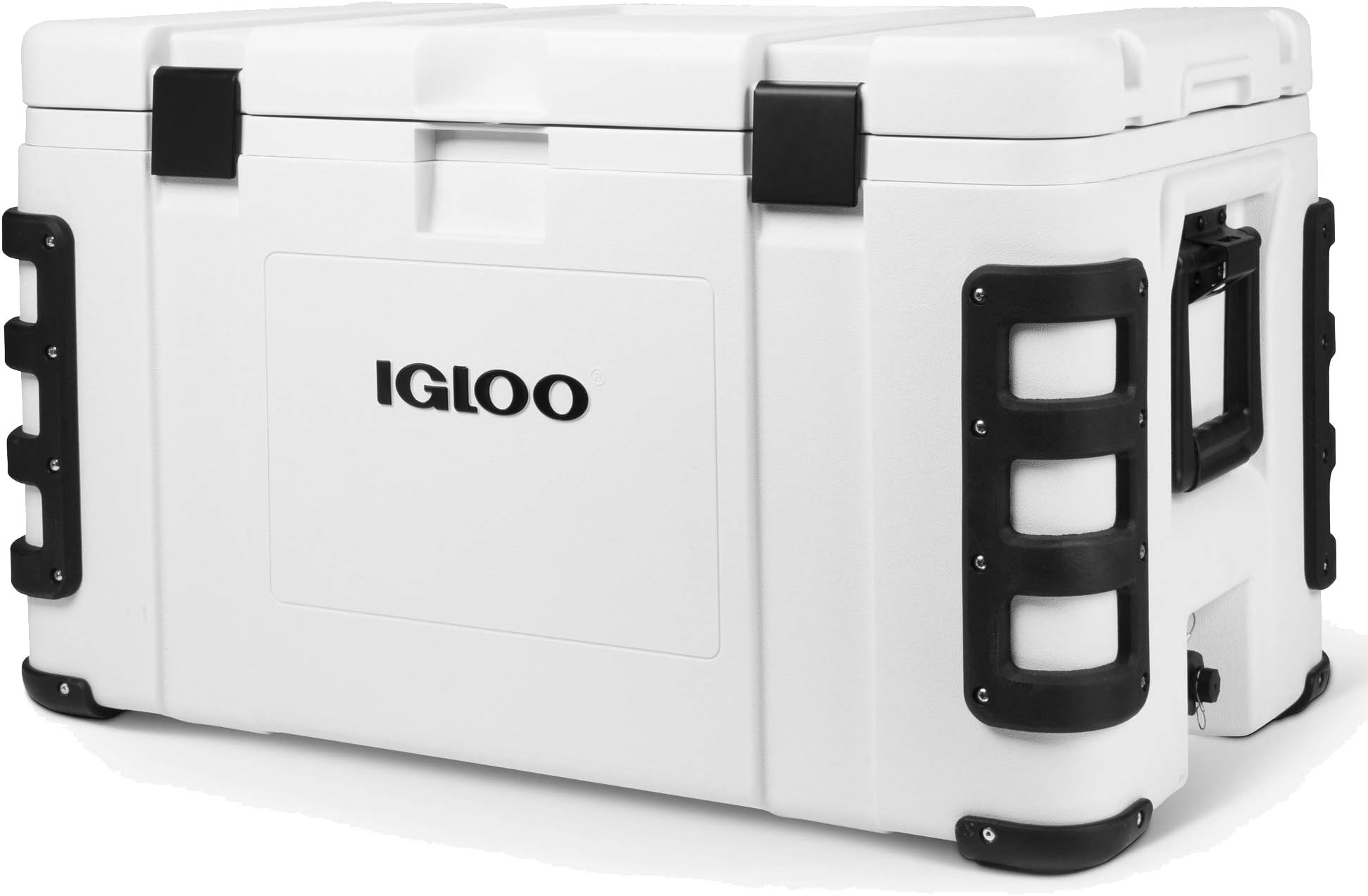 Igloo Leeward 124 Quart Marine Grade Lockable Insulated Fishing Ice Chest Cooler with Cutting Board, Fish Ruler, and Tie-Down Points, White