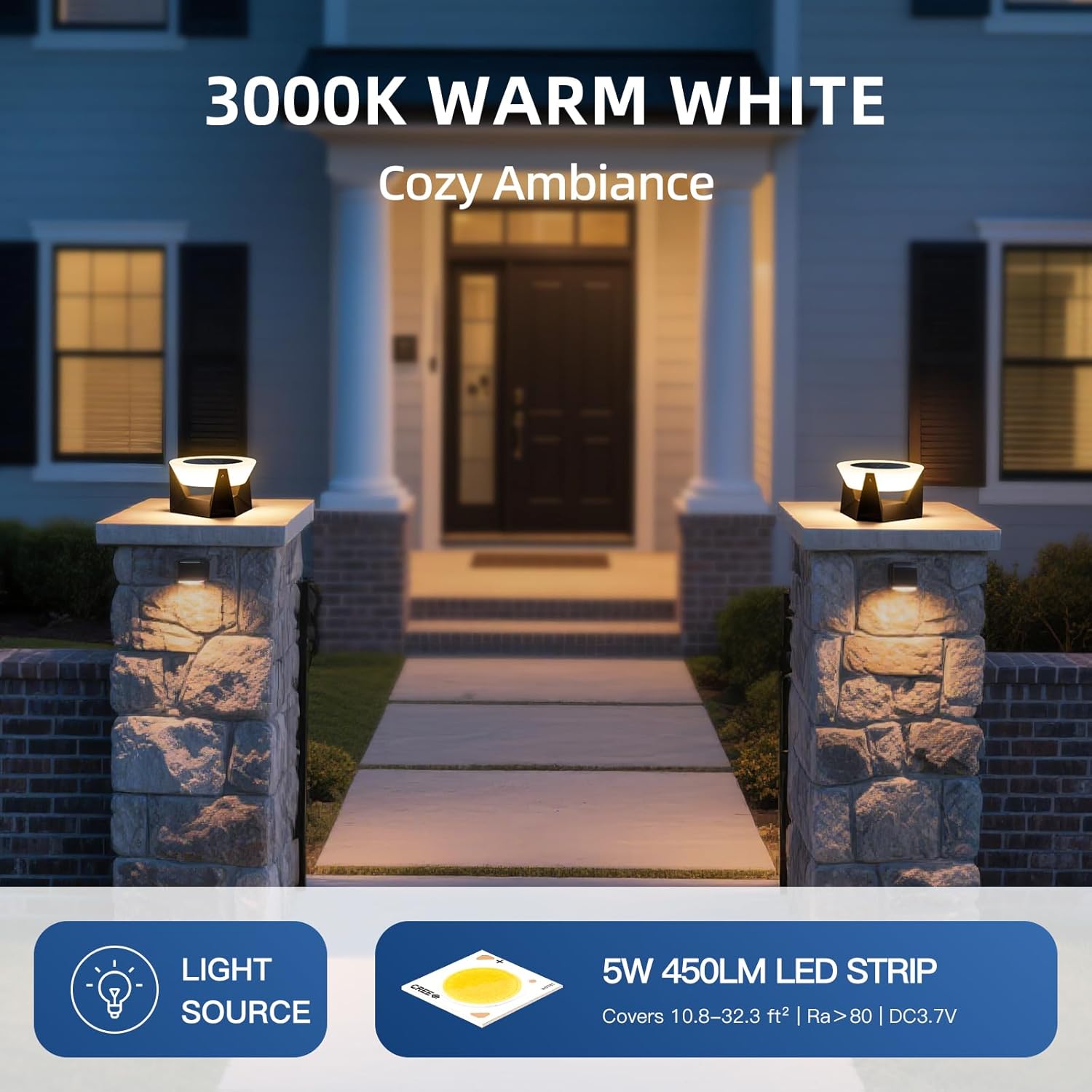 7.1" Solar Post Lights Outdoor, Outdoor Post Light IP54 Waterproof, 3000K LED Fence Solar Pillar Cap Lights Outside, Dusk to Dawn Modern Pillar Light, Column Lighting for Posts Entrance Patio