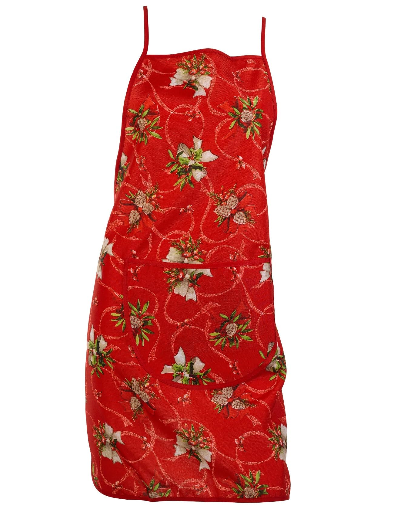Classic Home Store Christmas Apron Festive Floral Holly & Bow Xmas Dinner Cooking Kitchen Pinny (28'' x 30''), Red