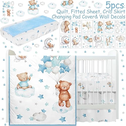 Miniatura 2 de Mixweer Juego de ropa de cama de 5 piezas con temática de oso de nube y calcomanías de pared, mini juego de edredón azul de género neutro para cuna,