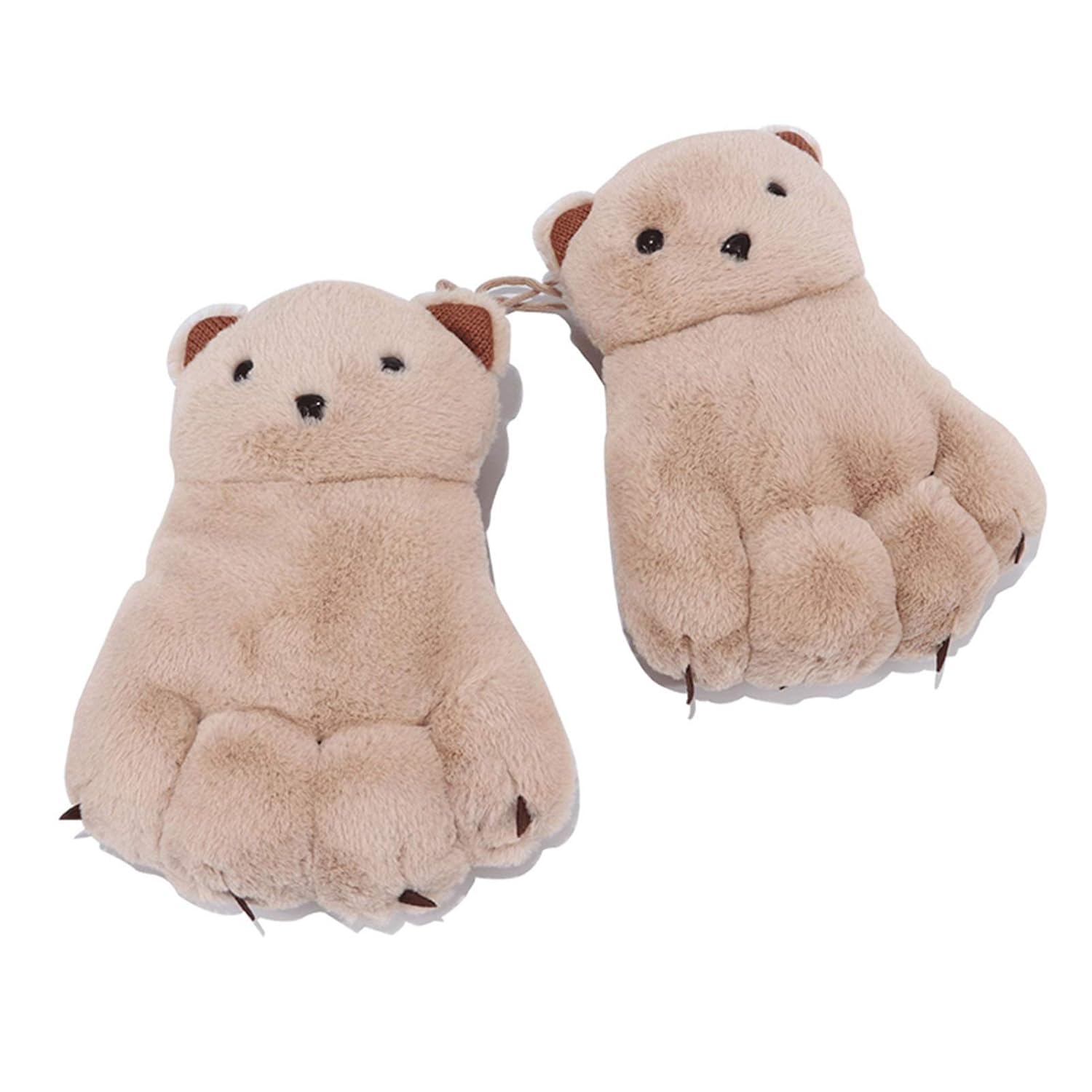 Hanging Neck Cotton Gloves for Girls in Autumn and Winter Plus Velvet Thickening to Keep Warm Plush Cartoon Cute Rabbit (Color : Khaki)