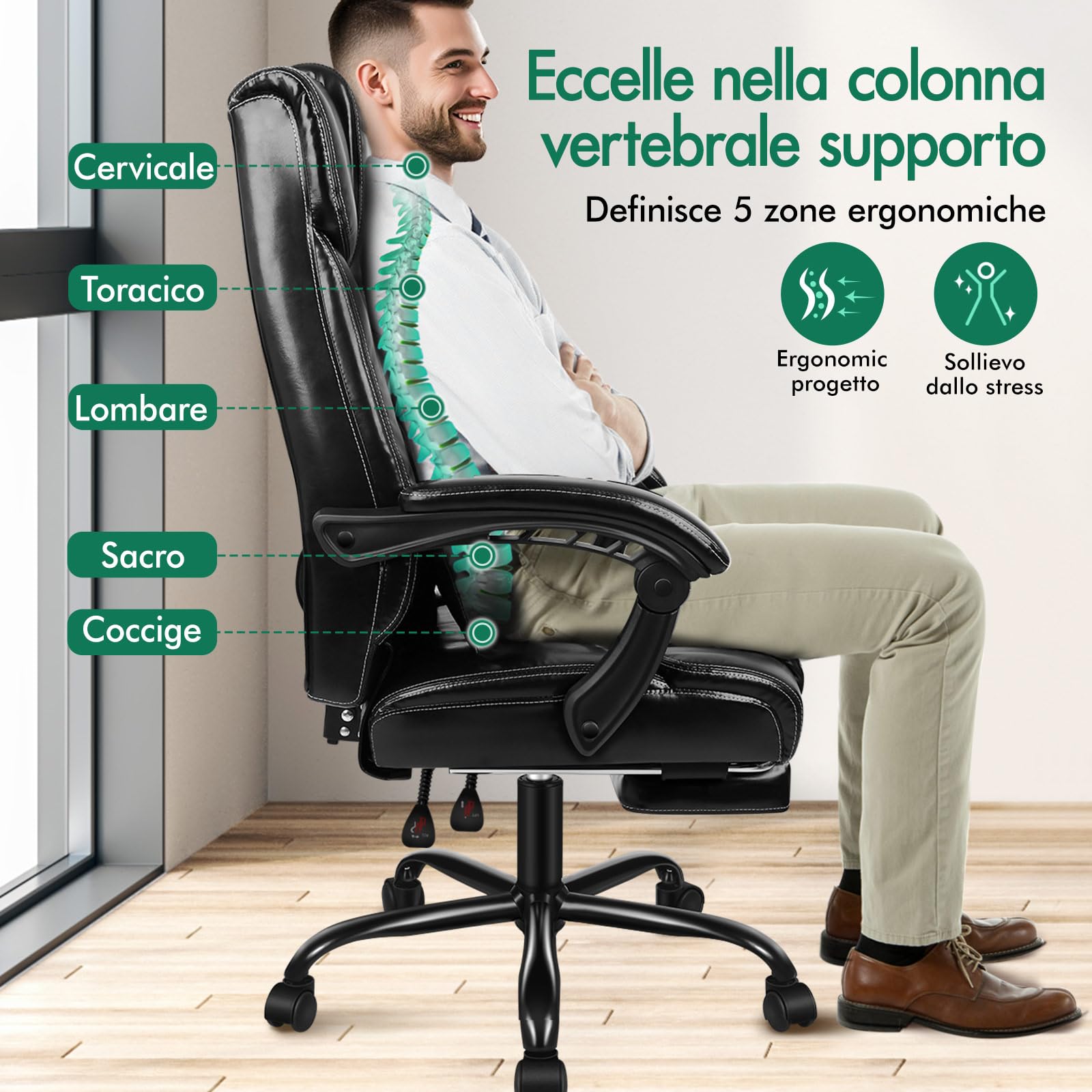 ALFORDSON Sedia da Ufficio Ergonomica con Massaggio Termico, Braccioli Imbottiti, Poggiatesta Morbido, Sedia Girevole con Ruote, Ecopelle, Nero