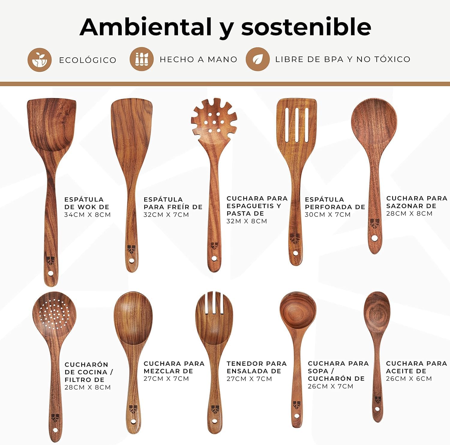 Utensilios de Cocina Madera 10 Pzas para Cocinar - Set de Espátulas y Cucharones de Cocina - Madera de Teca, Antiarañazos. Accesorios Cocina con Agarre Cómodo para Sartenes Antiadherentes
