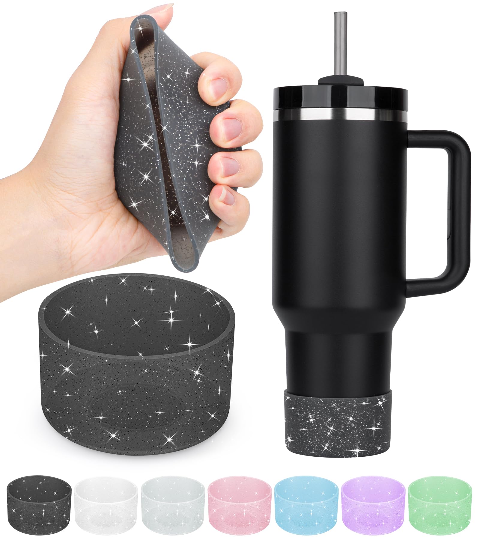PICcircuit 2PCS Silicone Bottom Protector for Stanley Quencher Adventure 40 oz, Stanley IceFlow 20/30 oz, Hydro Flask 12-24oz, Black Glitter — image 1
