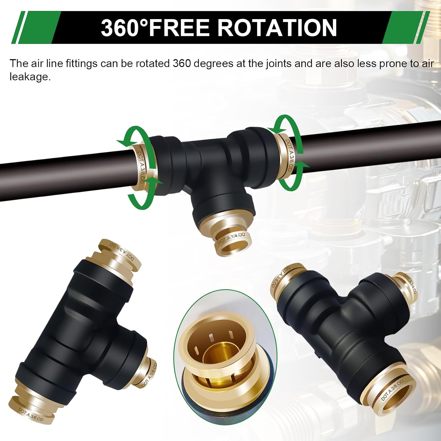 3/8" DOT Air Line Fittings Tee Union 3PCS, 3/8" Tube OD x 3/8" Tube OD x 1/4" Tube OD PTC/PTCR & Brass Air Line Quick Connect Fittings for Truck Trailers and Air Brake System