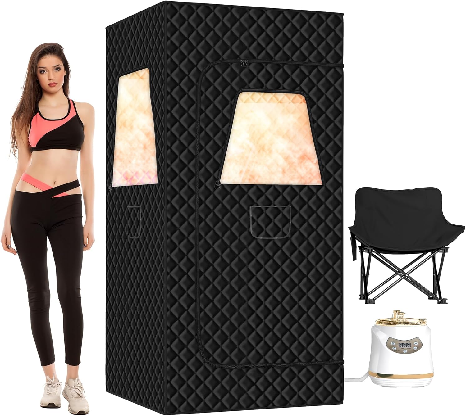 Springspa Portable Steam Sauna Box with 3L & 1500W±10%, Personal Sauna Tent with 9 Adjustable Heat Levels, Steam Sauna Full Body for Home, Foldable Chair, Extra Large Size 3' x 3' x 5.9'