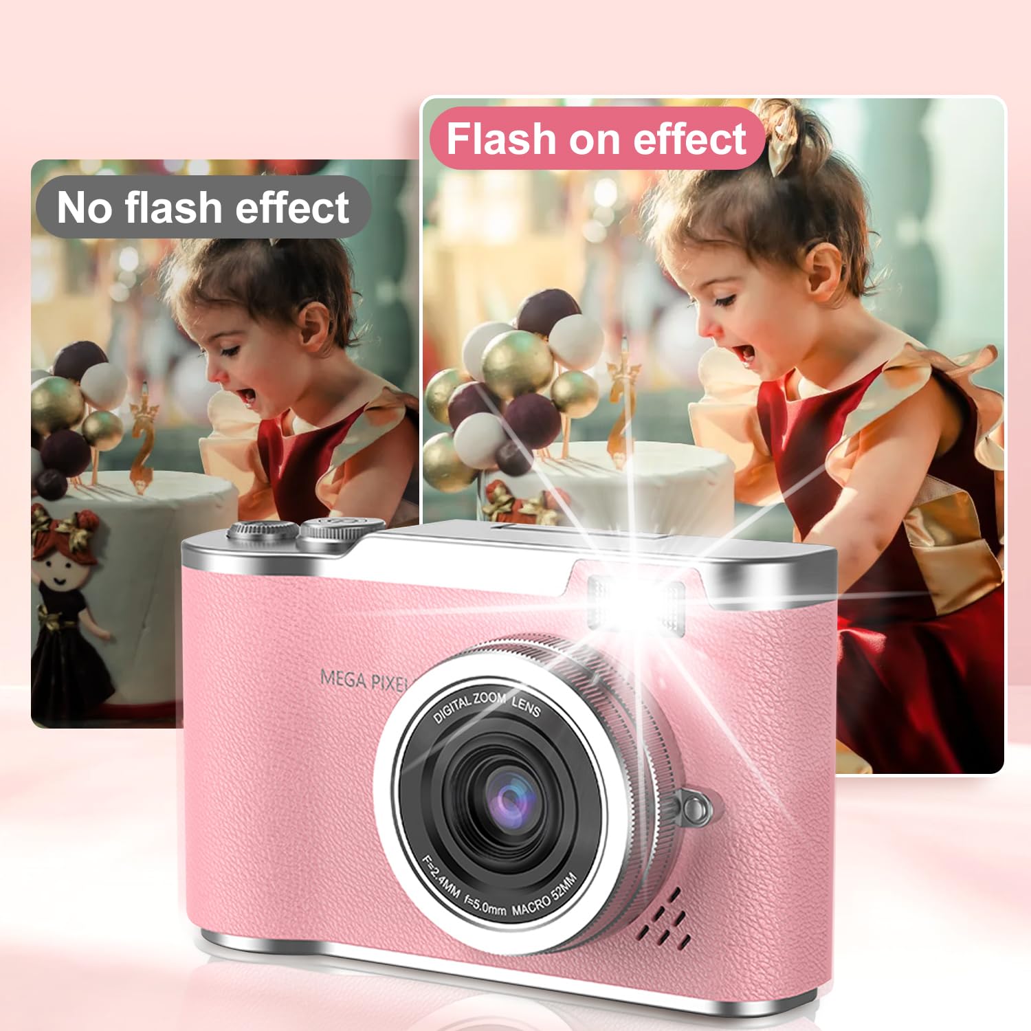 Pink Kids Digital Camera with 2.4-Inch Screen 180° Flip Lens Video