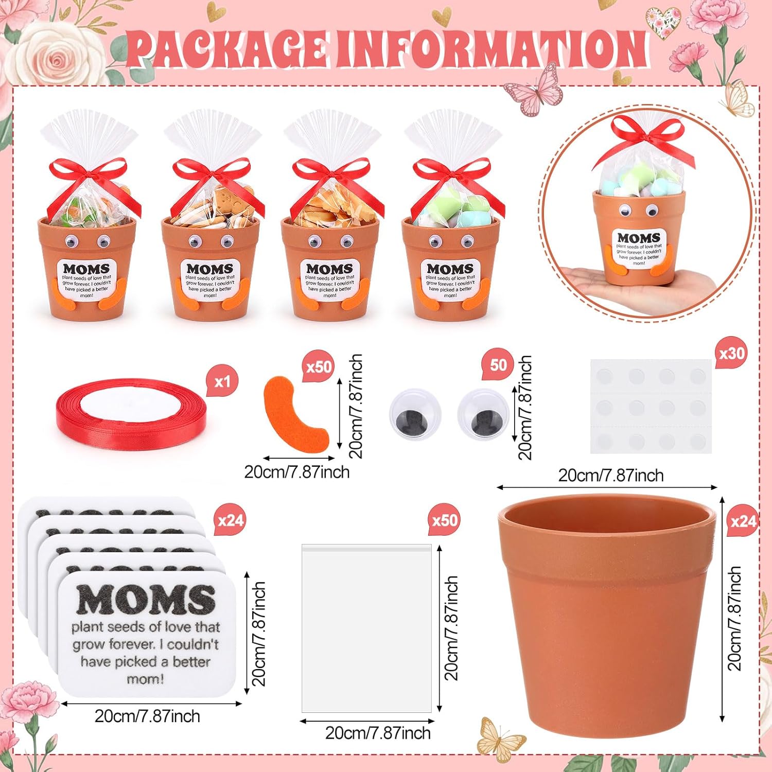 Hollowfly 24 Sets Mother's Day Crafts Bulk DIY Mom Gifts with 24 Pots 24 Gift Bags 24 Cards 50 Felts 50 Eyes Mother's Day Crafts for Mom Mother Party Favors Activities Home Family Gifts
