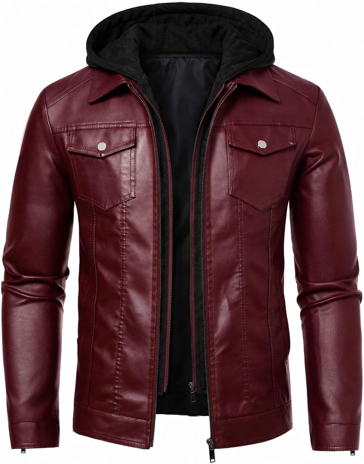 Leather Jacket Men Motorcycle Biker Jacket Faux Leather Coat Removable Hood