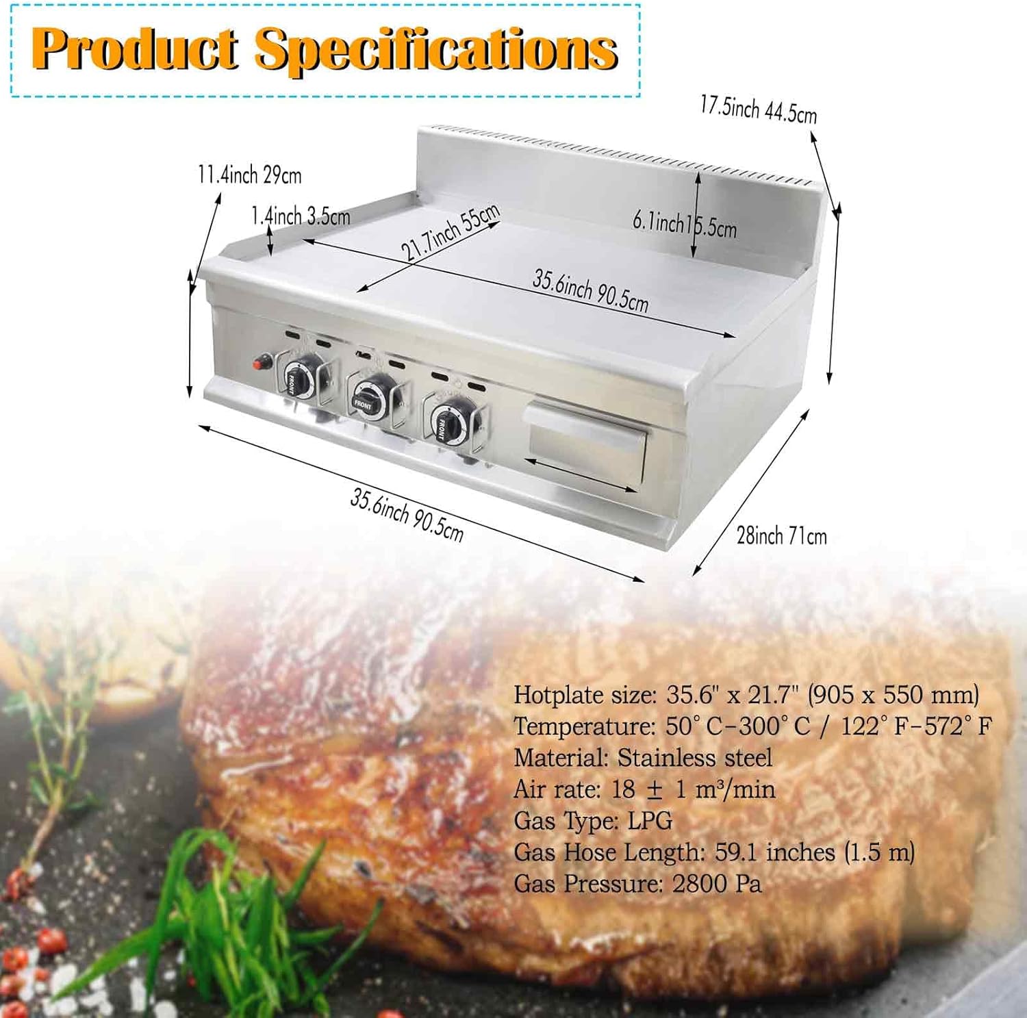 Commercial Stainless Steel LPG Gas Griddle Grill, 35.6" x 21.7" Flat Top Countertop Griddle for Steak, Pancakes & Teppanyaki, 2800Pa, Home & Outdoor Use