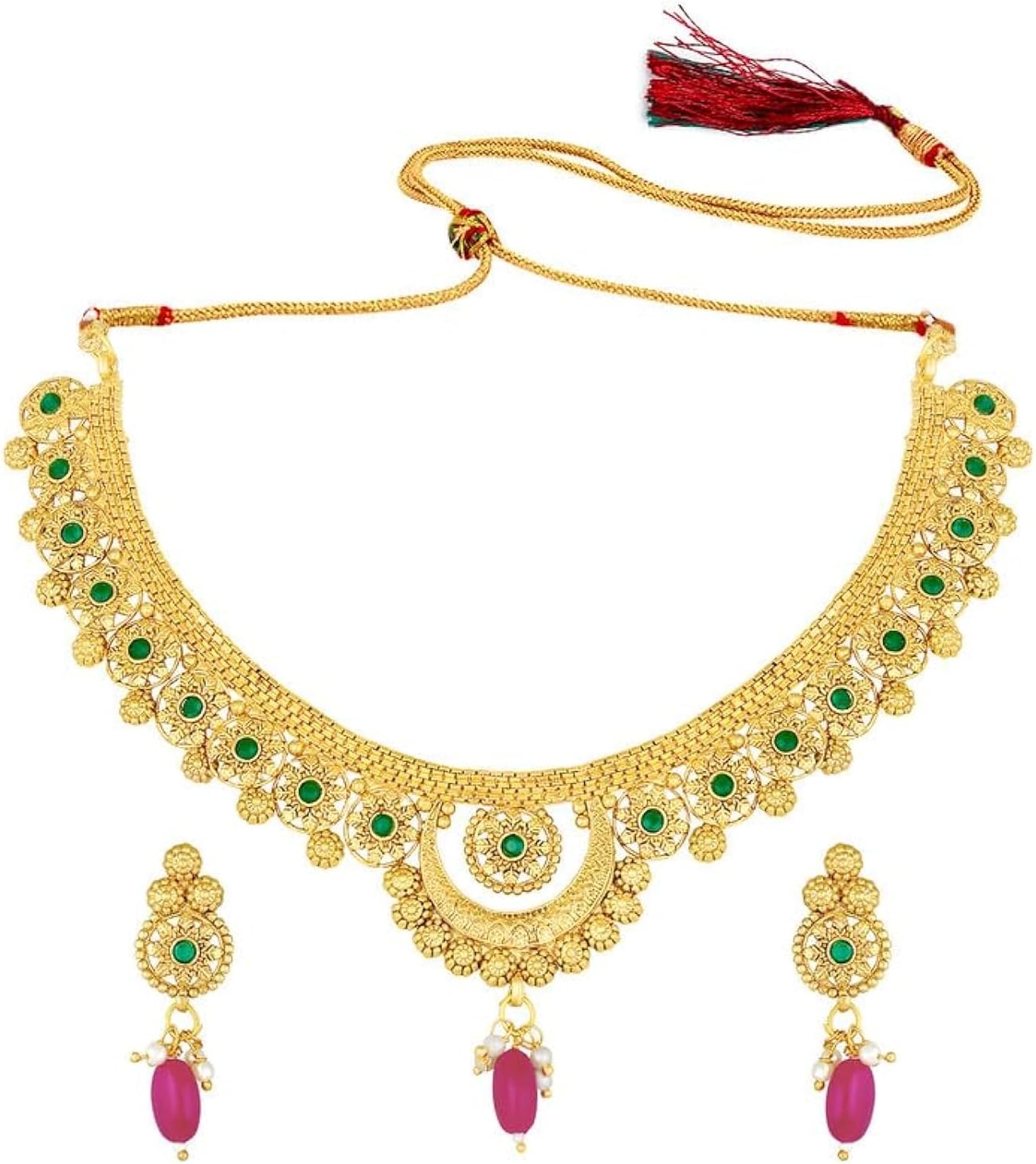 Aheli Wedding Wear Gold Tone Goddess Engraved on Coin Long Necklace Set South Indian Traditional Bollywood Fashion Jewelry Set for Women