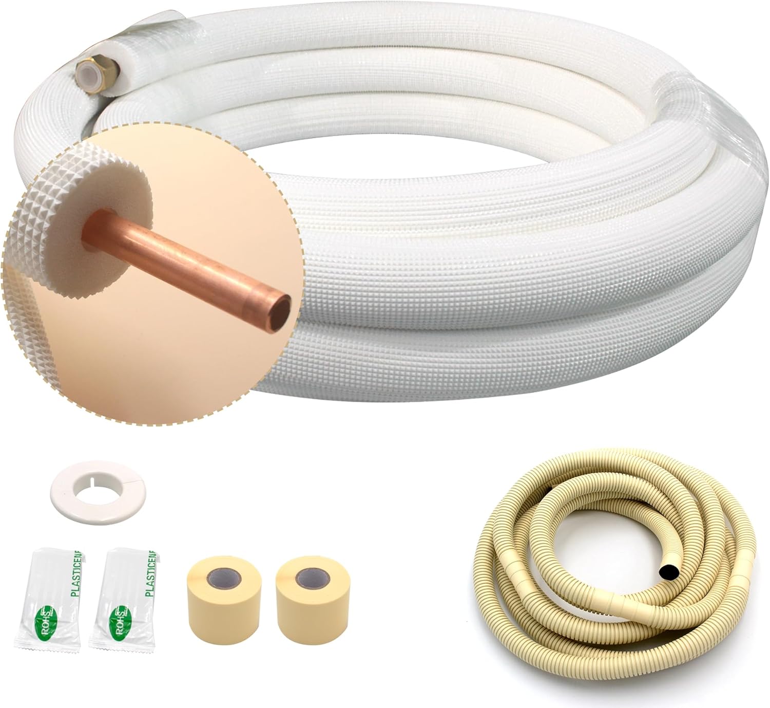 25FT Copper Tubing Mini Split Line Set 1/2" OD Single Tube with Nuts,1/2" White Insulation Kit Pipe Round Metal for Air Condition,HVAC Heating System, Refrigeration,Industry, DIY