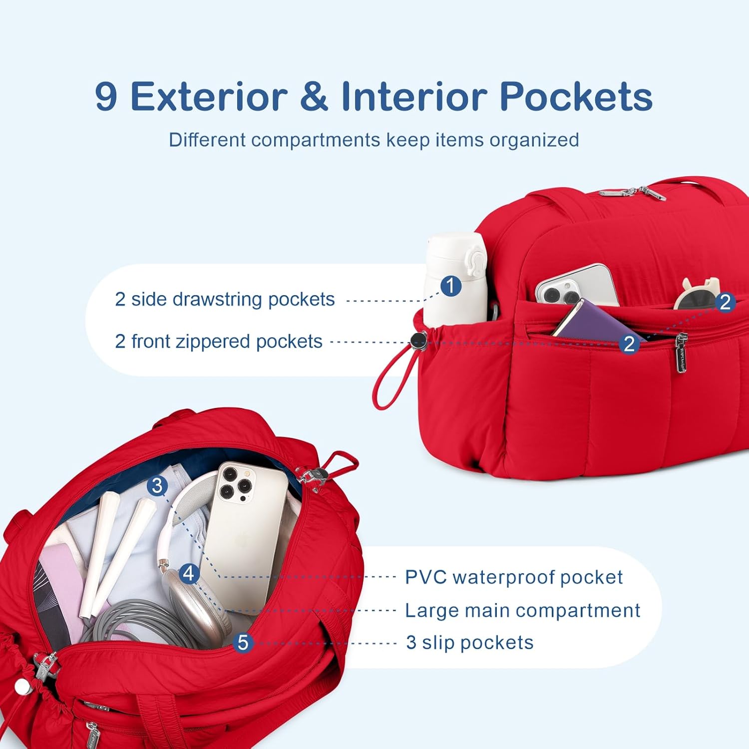 TOPDesign Travel Duffel Bag for Women, Puffer Gym Bag Sports Tote with Wet Pocket, Carry On Weekender with Luggage Sleeve (Red) - Image 6