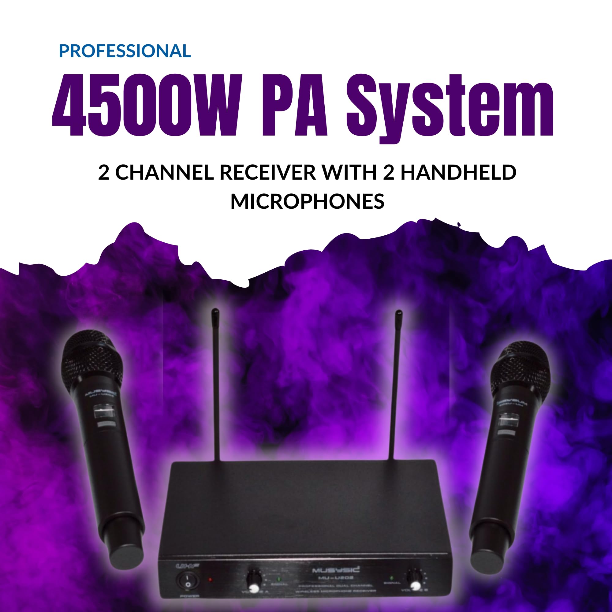 MUSYSIC PA15-MX800 Professional PA System – 8 Channel Audio Mixer with Built-in 4500 W Amplifier 15” Studio Wireless Speakers Bluetooth/USB/SD/FM UHF Wireless Microphone System Stands Pair