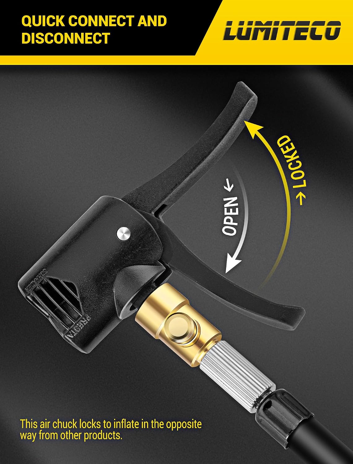 LUMITECO Locking Presta Schrader Air Chuck for Bike Tire, Dual Head Pump Nozzle with 1/4" F-NPT Quick Connect for Tire Inflator, Presta&Schrader Valve Adapter w/Air Release Nob for Bicycle Floor Pump