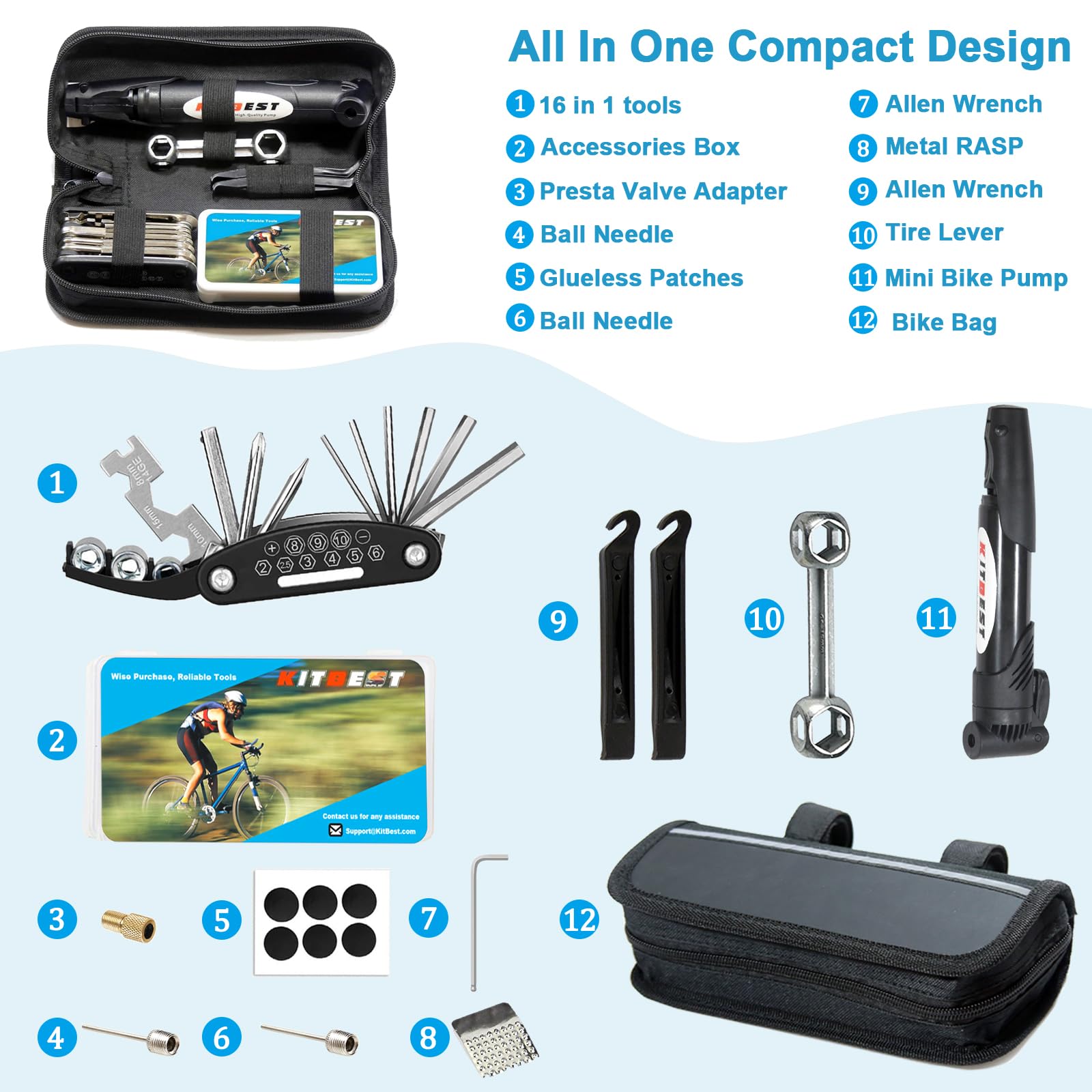 KITBEST Kit di attrezzi per la riparazione della bicicletta, kit di strumenti per la riparazione delle forature della bicicletta, contiene 16 in 1 strumento multifunzione per bicicletta, bicicletta,