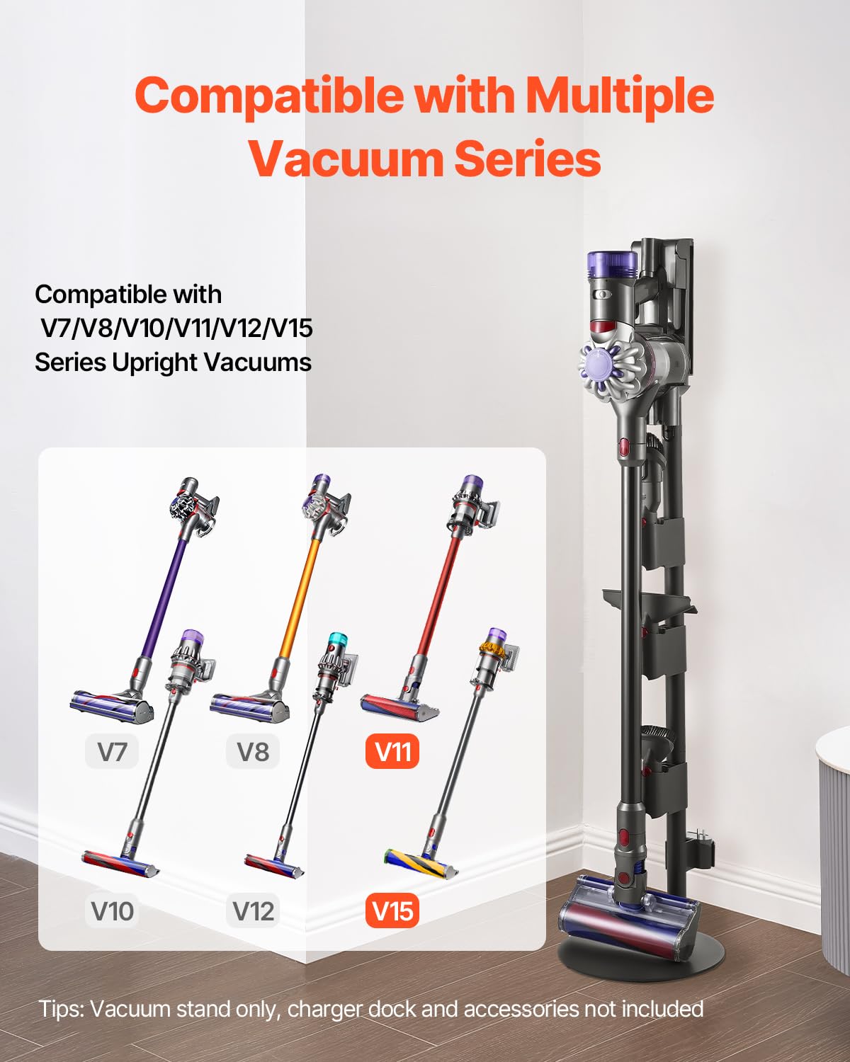 VEVOR Support d'Aspirateur pour Dyson V7, V8, V10, V11, V12, V15, Porte-aspirateur Vertical Stable avec Accessoires, 3 Clips de Rangement de Brosses, 4 Patins Antidérapants, pour Espaces Restreints