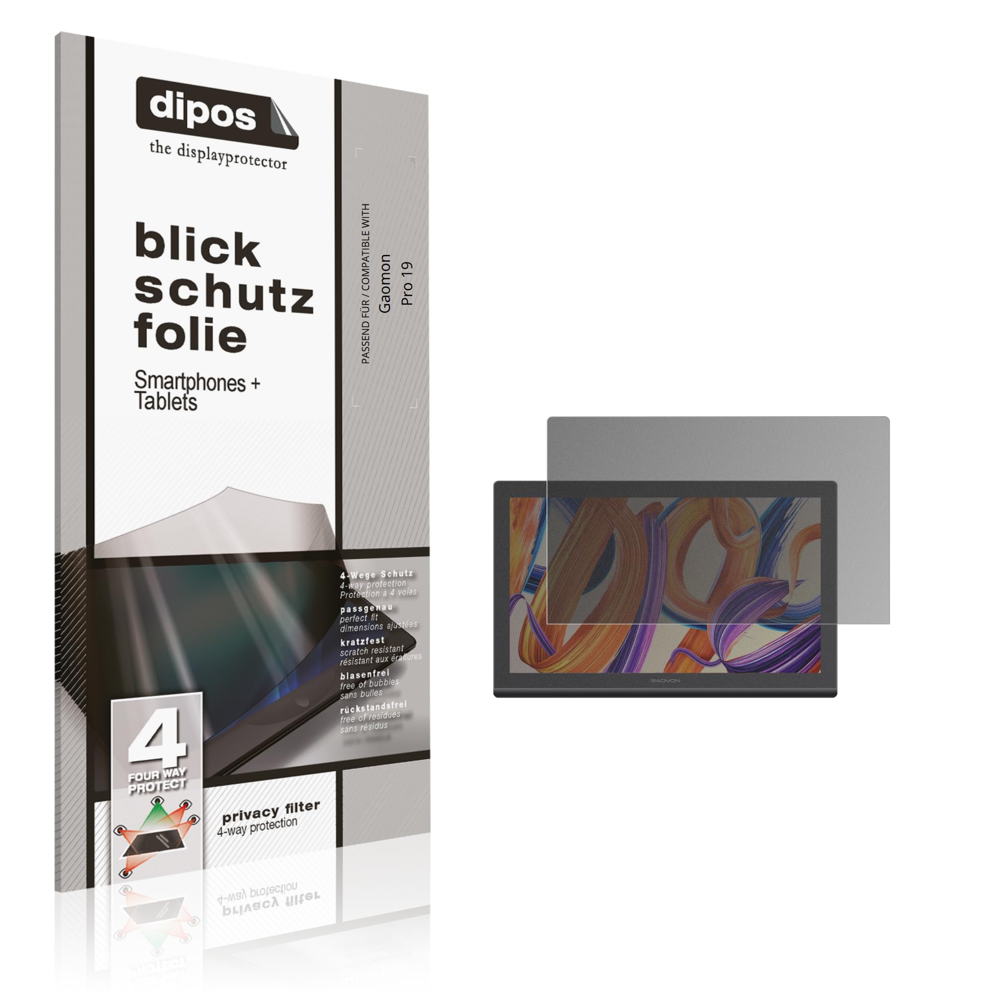 dipos Protector de Pantalla Antiespía para Gaomon Pro 19 | Película protectora mate, filtro de privacidad 4 vías, ajuste perfecto, antiarañazos, sin burbujas, autoadhesivo