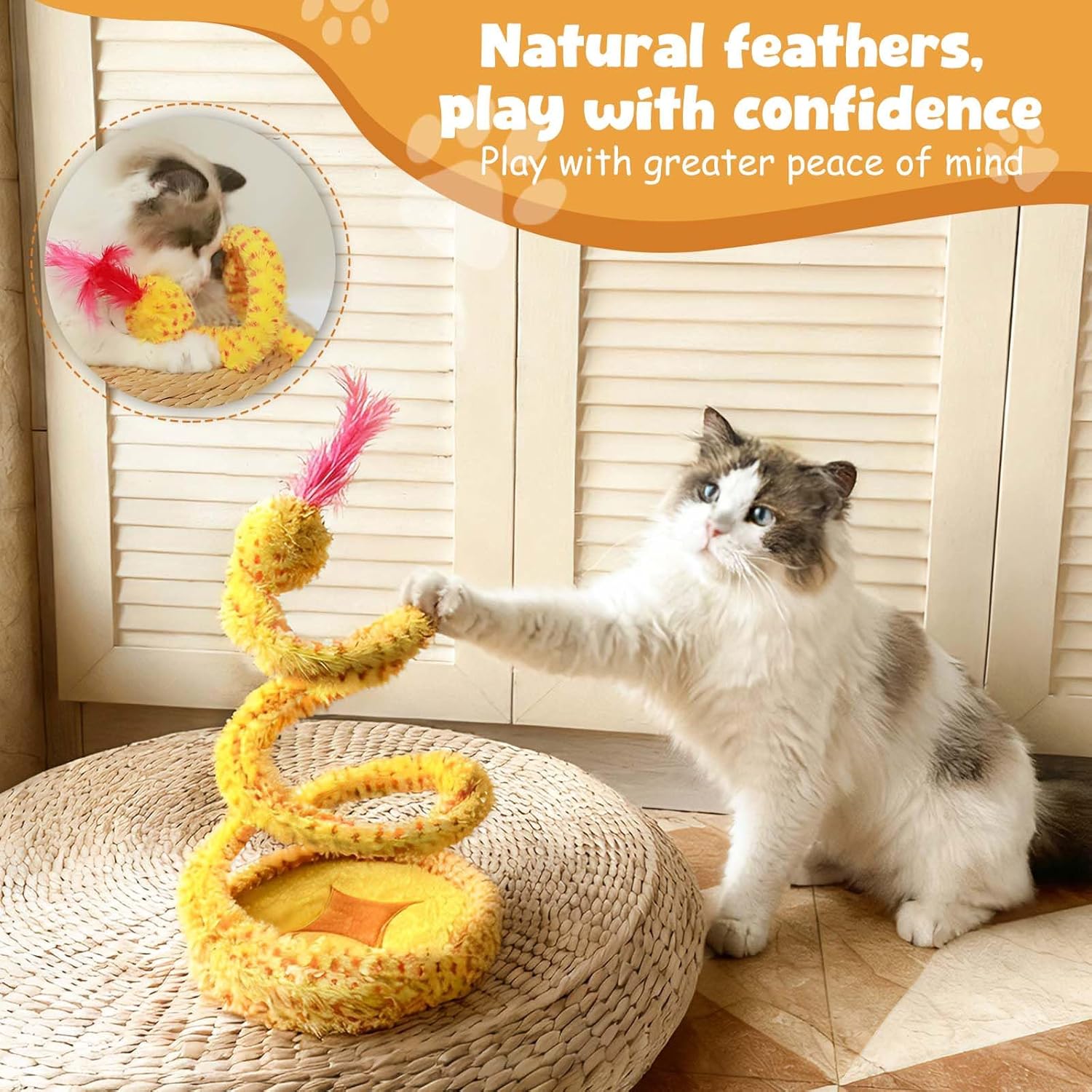 Cat Toy Indoor Cat: Cat Springs Snake Toy with Catnip - Interactive Toy with Rattling Stones & Rustling Sounds, Quirky Shapes for All Breeds to Play Alone (Yellow)
