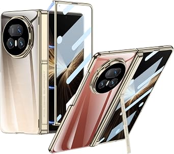 YUANSHXM-Clear Case for Honor Magic V5,for Women Men Hinge Protection Transparent Hard PC Plating Cover with Kickstand Screen Protector Full Protection Shockproof Case Gold,for Honor Magic V5